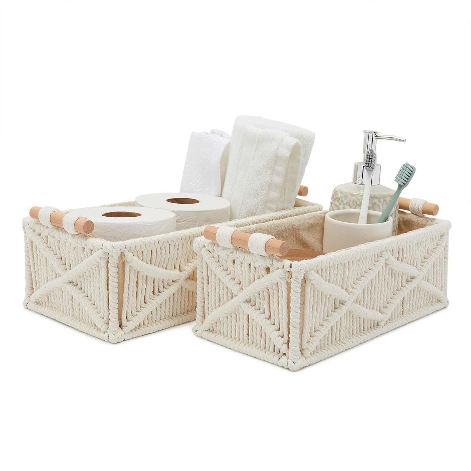 Okuna Outpost Set of 2 Macrame Storage Baskets with Wood Handles - Woven Home Decor Organizer Bins for Bedroom, Bathroom & Nursery (Ivory)