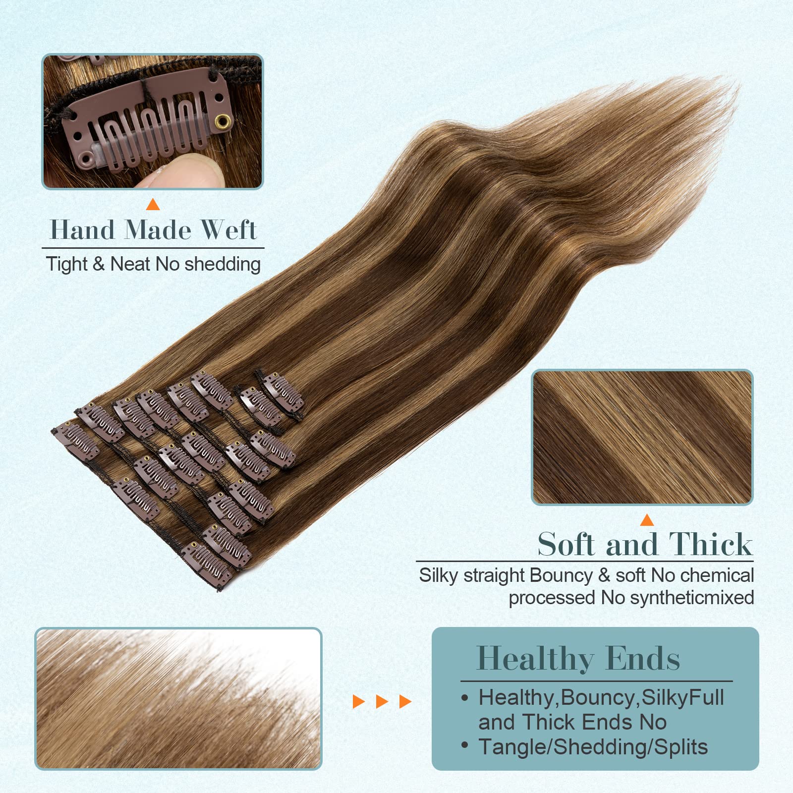 Benehair 100% Remy Human Hair Extensions Clip-in 8Pcs Set - 10 Inches 50g Chocolate Brown Mixed Light Brown #4P27 - Natural Hair Extensions with 18 Clips for Volume & Length - Perfect for Daily Styling, Parties & Special Occasions