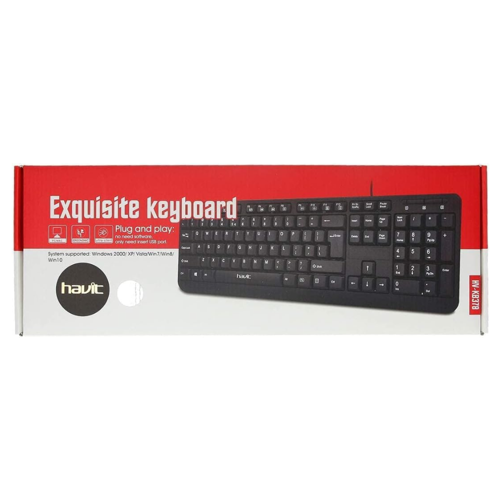 Havit HV-KB378 BK Wired USB Keyboard - Ergonomic Design for Office, Gaming & Home Use - Compatible with PC, Laptop, Mac (Black)