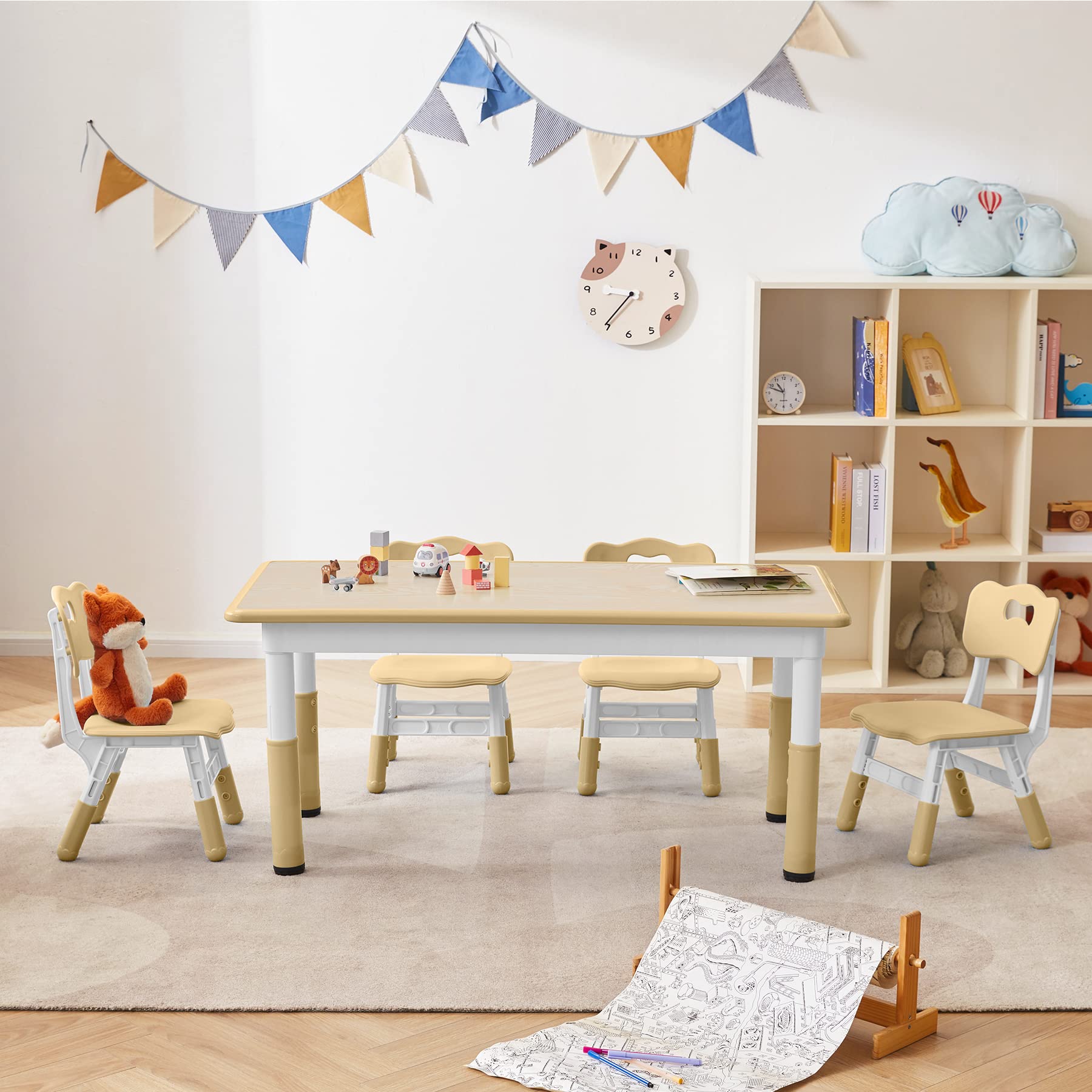 CuFun Kids Table and 4 Chairs Set - Adjustable Height Children's Study Desk & Dining Table with Painting Surface, Durable Plastic Toddler Furniture for Boys & Girls (Beige Wood Grain) - Perfect for Homeschooling, Arts & Crafts, and Playroom Activities