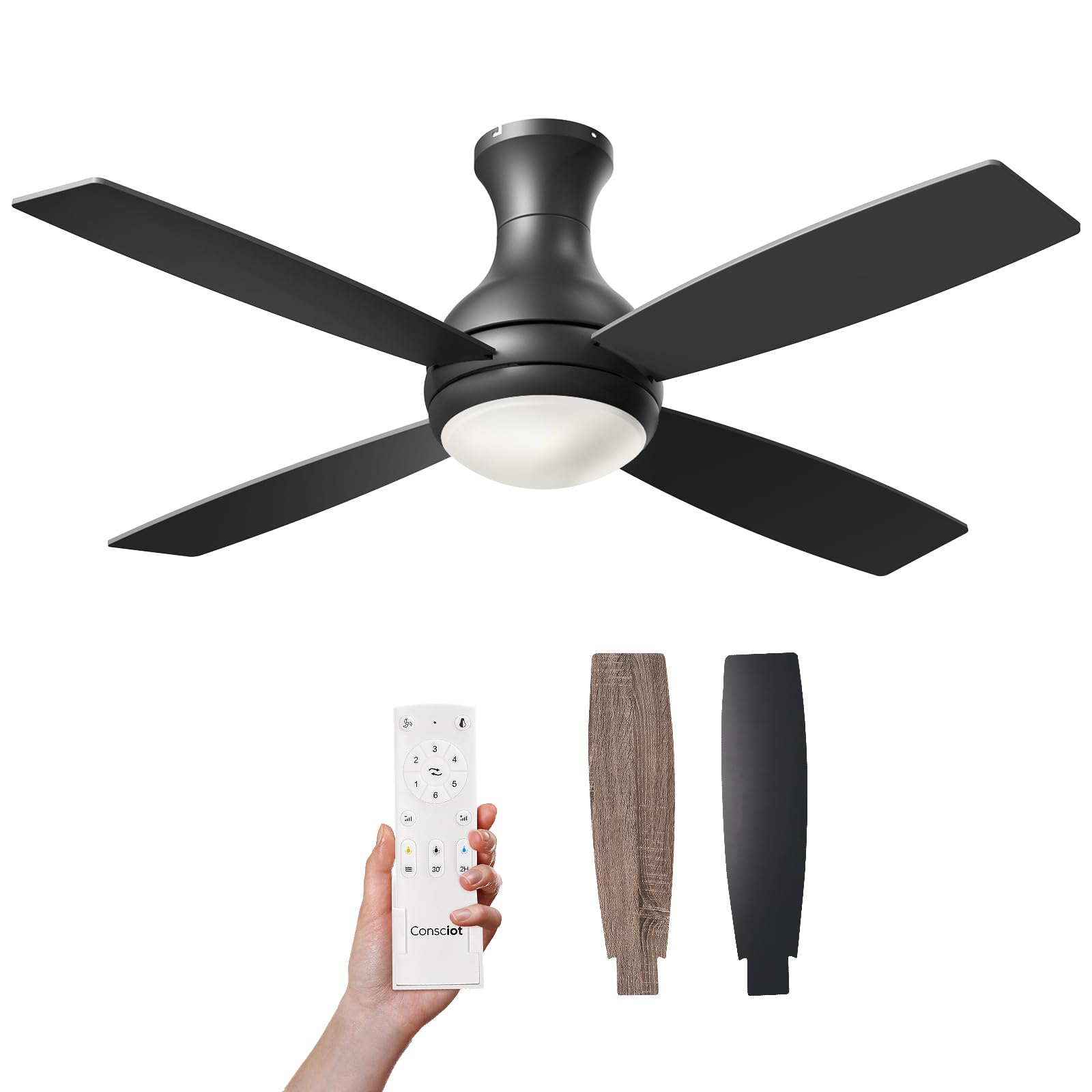 52 Inch Modern Black Ceiling Fan with Lights - Remote Control, Quiet Reversible DC Motor, Flush Mount, Dimmable 3CCT LED Light, Double Finish Blades - Perfect for Bedroom, Living Room, Office & Indoor Spaces