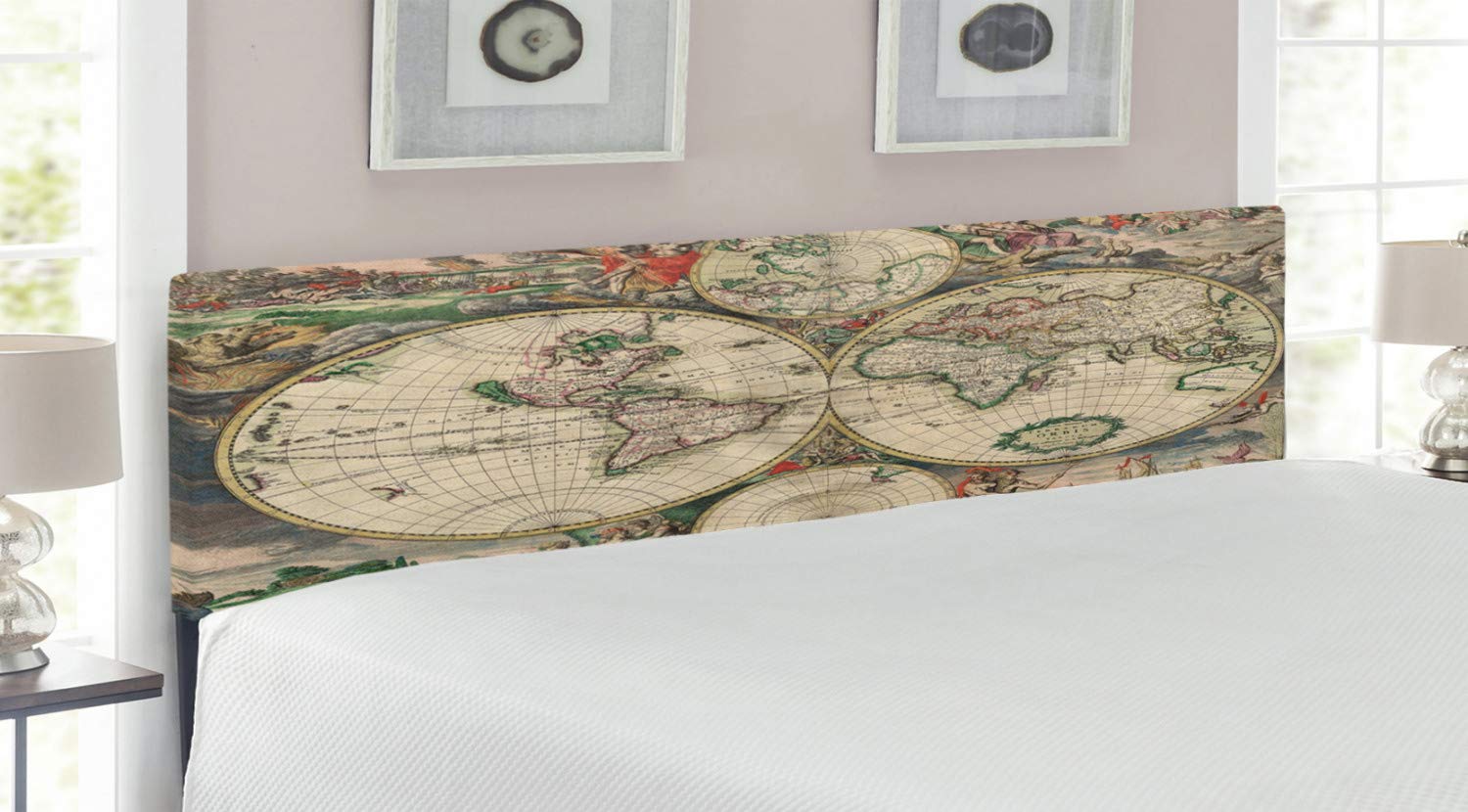 Vintage Antique World Map Headboard - King Size Upholstered Metal Bed Frame with Memory Foam, Retro Historical Geography Design, Multicolor - Perfect for Bedroom Decor & Themed Guest Rooms
