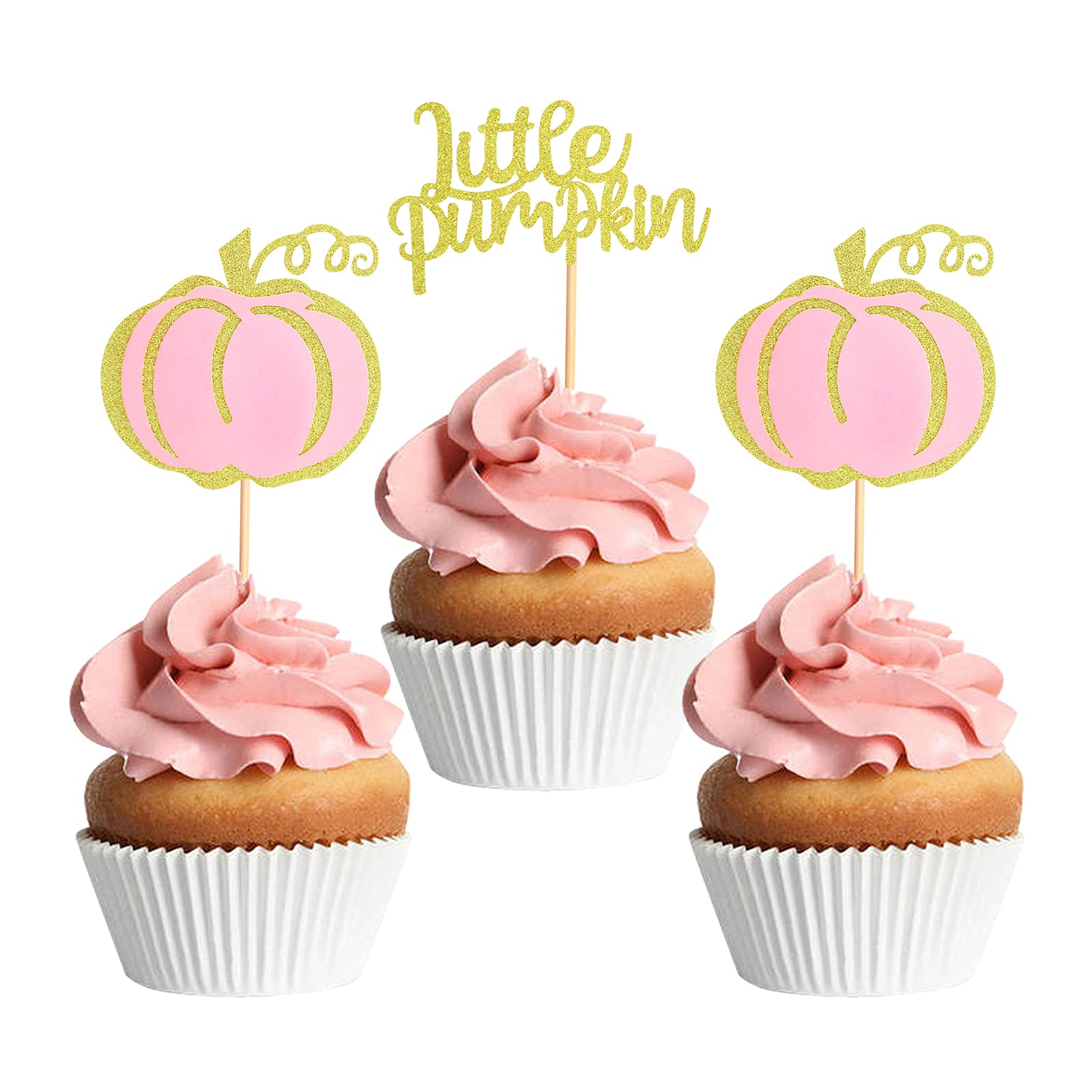 24 Pack Pink Pumpkin Cupcake Toppers - Adorable Baby Shower Decorations, Birthday Party Supplies, Gender Reveal Cake Decor - Perfect for Halloween, Fall Celebrations & Themed Desserts