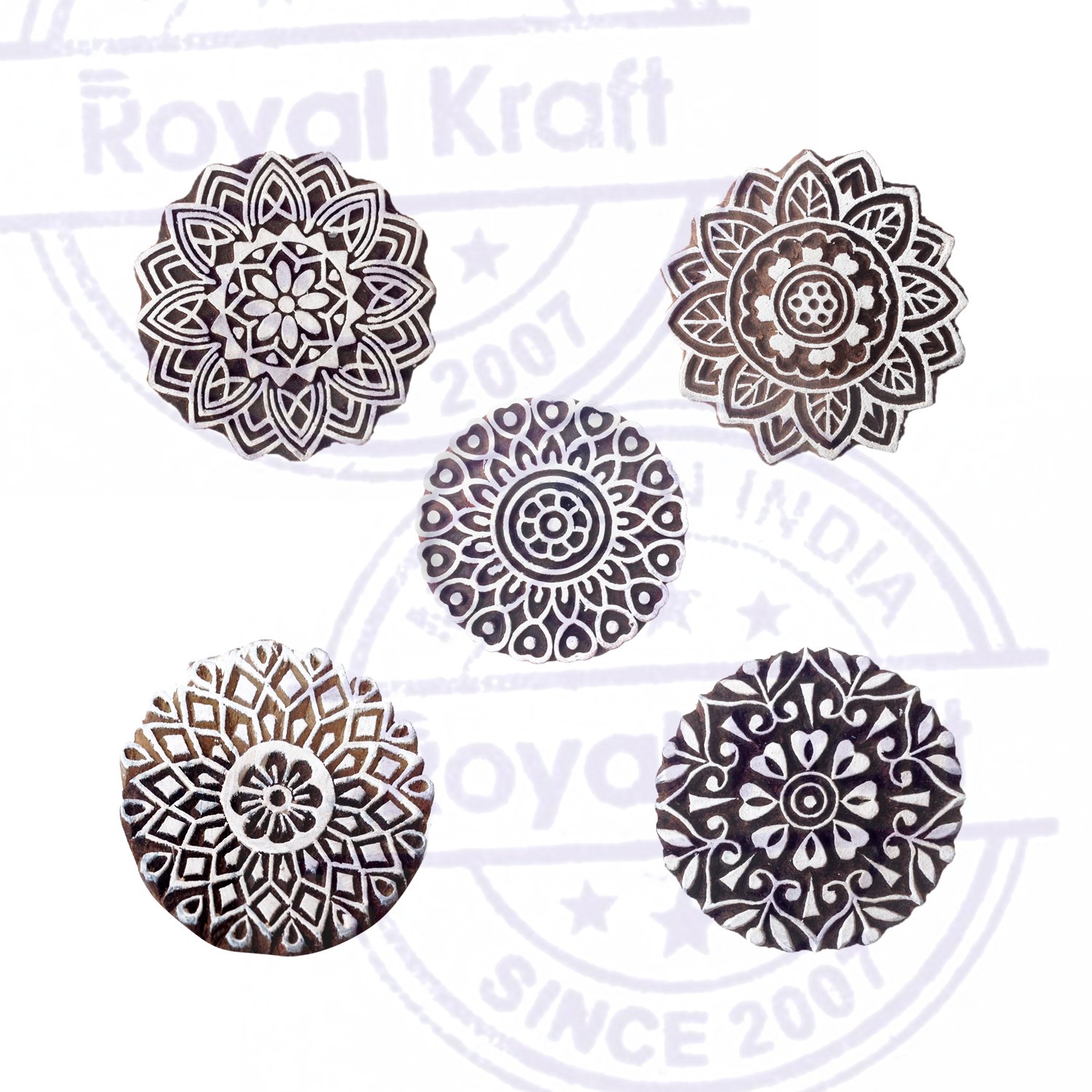 Mandala Wood Stamps Set of 5 - Block Printing for DIY Crafts & Fabric