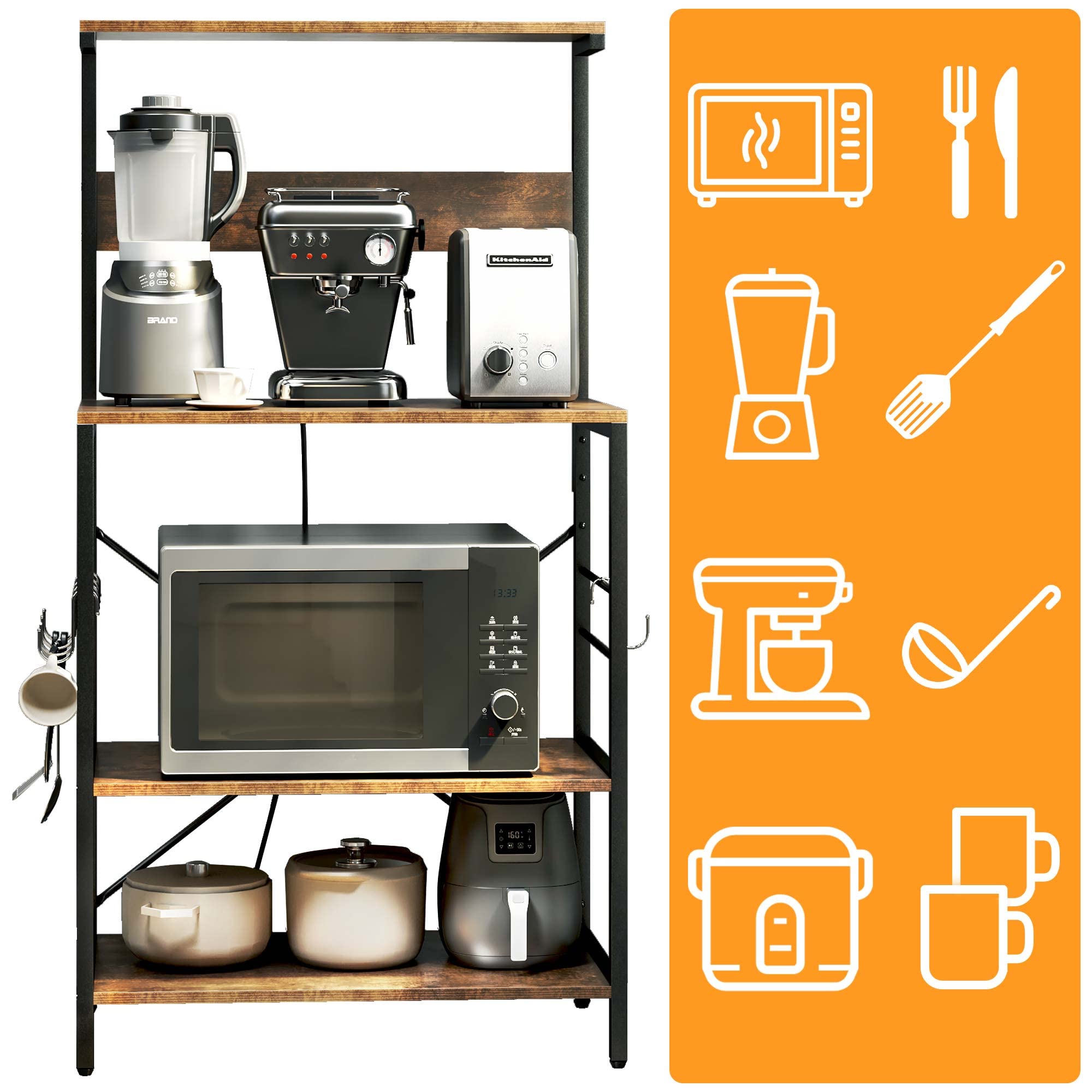 TC-HOMENY 3-Tier Bakers Rack with Power Outlet & 5 S-Hooks - Rustic Brown Kitchen Storage Shelf, Microwave Stand & Coffee Station Organizer | Perfect for Small Kitchens, Pantry Organization & Dining Room Storage