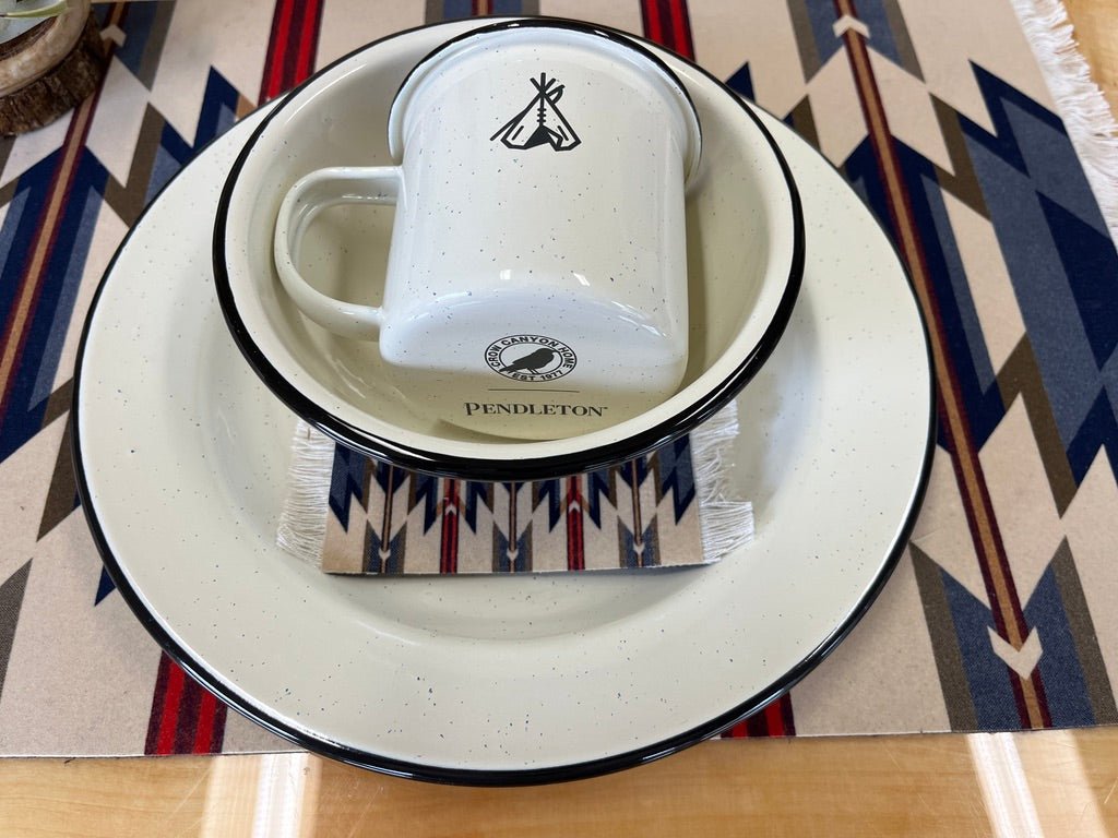 Vintage Style Enamelware Dishes - Tepee Camp Pendleton Collection | Durable & Lightweight for Camping, Picnics & Outdoor Adventures