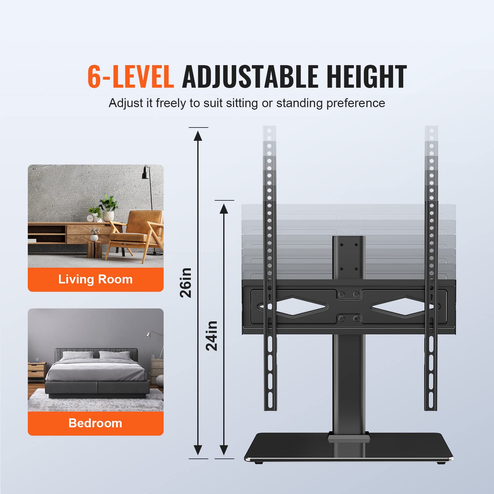 VEVOR Universal Swivel TV Stand for 32-55 Inch TVs - Height Adjustable Floor TV Mount with Tempered Glass Base for Living Room, Bedroom | Perfect for Home Theater, Gaming & Office Setup