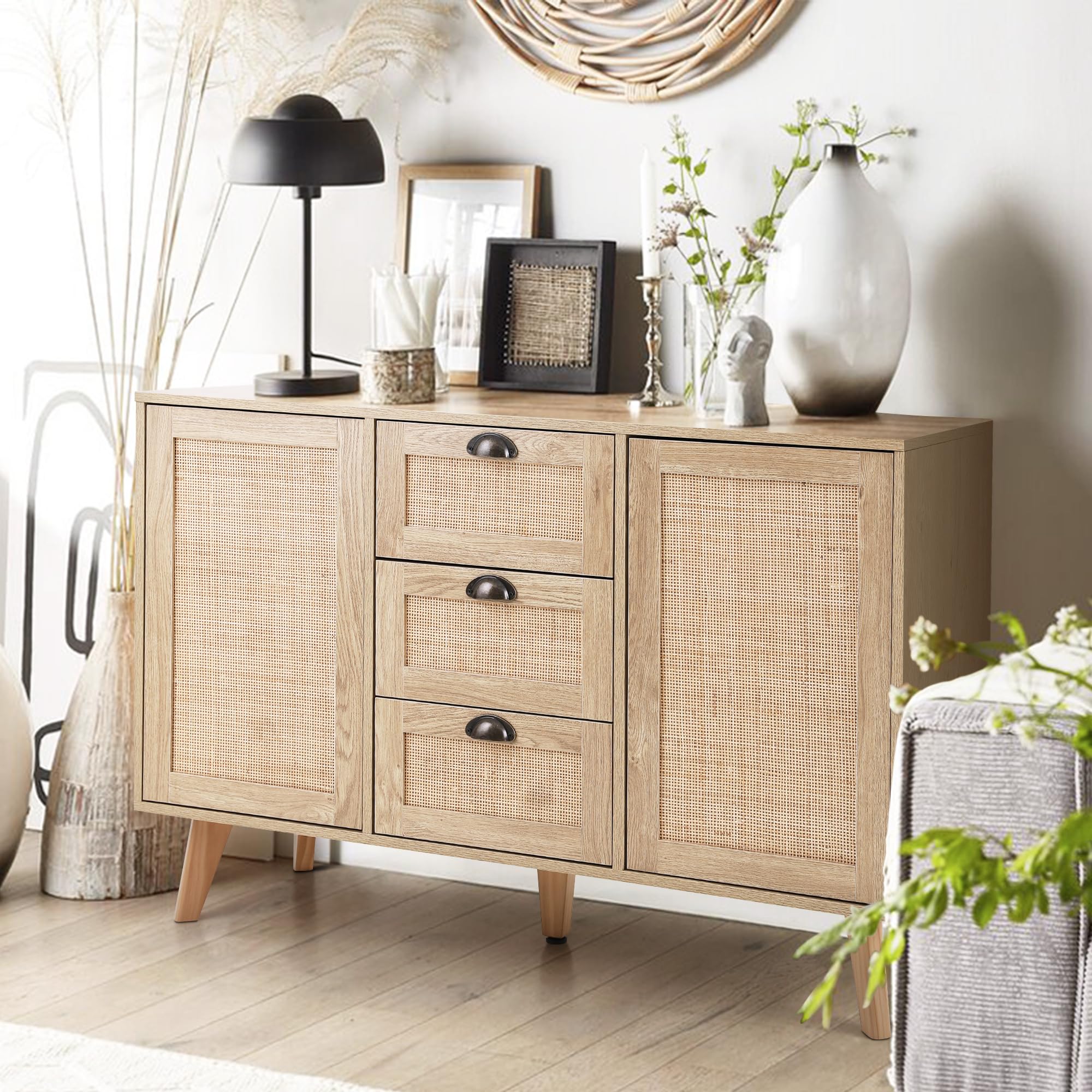 Sophia & William Rattan Storage Cabinet with Doors & Drawers - Sideboard Buffet for Dining Room & Living Room - Perfect for Home Organization & Stylish Storage Solution