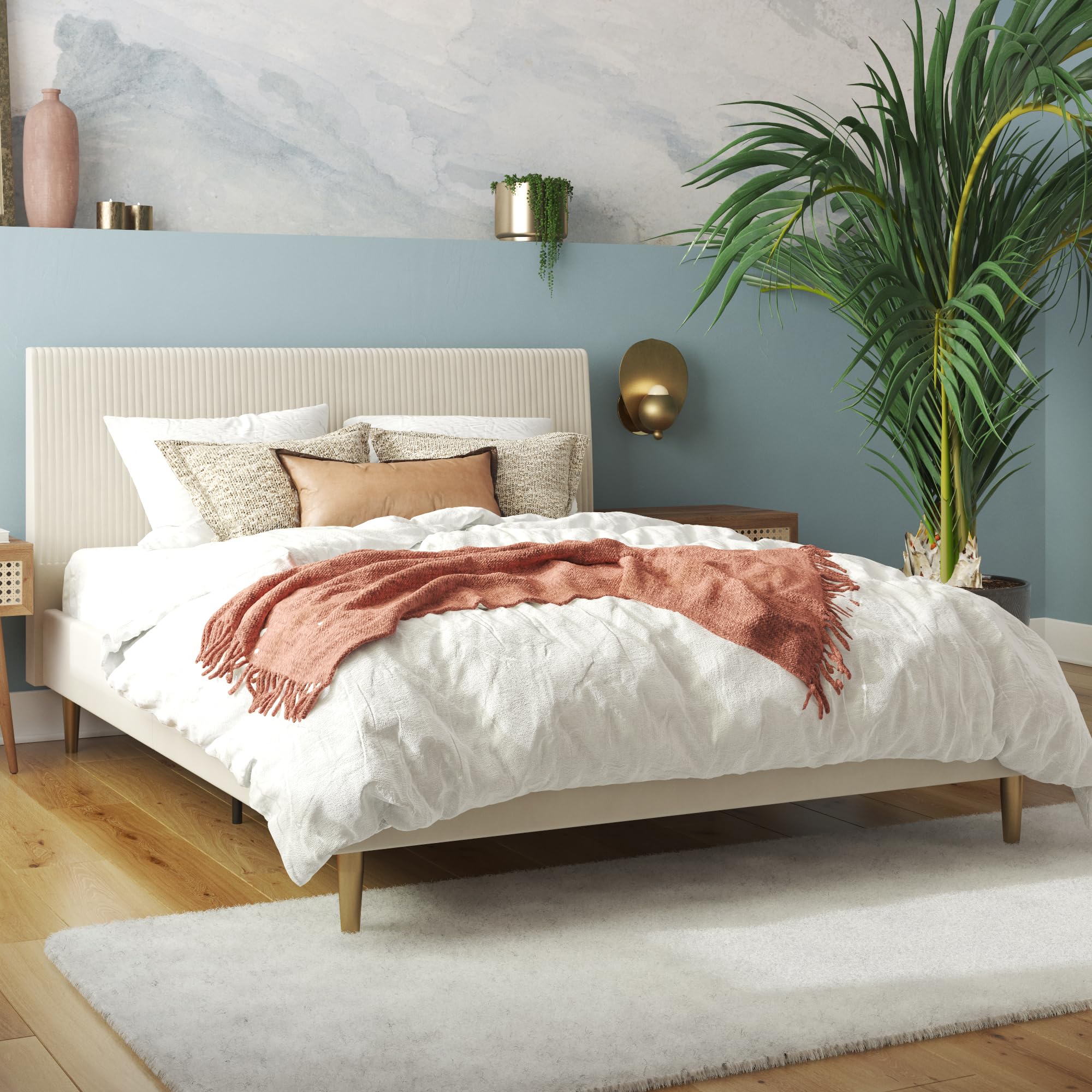 Mr. Kate Daphne Upholstered Bed with Headboard & Modern Platform Frame - Full Size Ivory Velvet Bedroom Furniture for Master & Guest Rooms