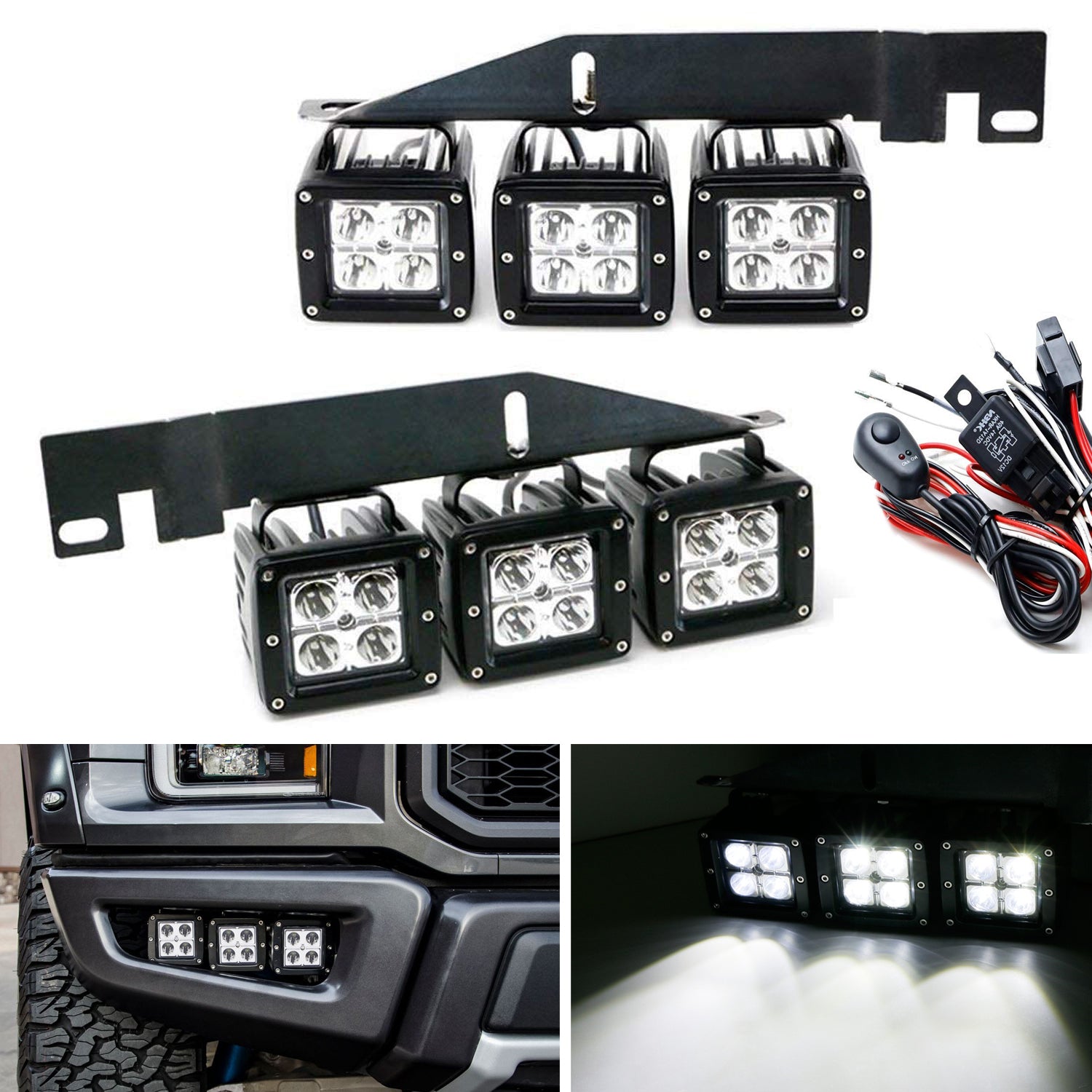 120W Triple LED Fog Light Kit with Lower Bumper Bracket & Wiring Harness - Compatible with 2017-2020 Ford Raptor | Off-Road Adventure, Night Driving, Enhanced Visibility