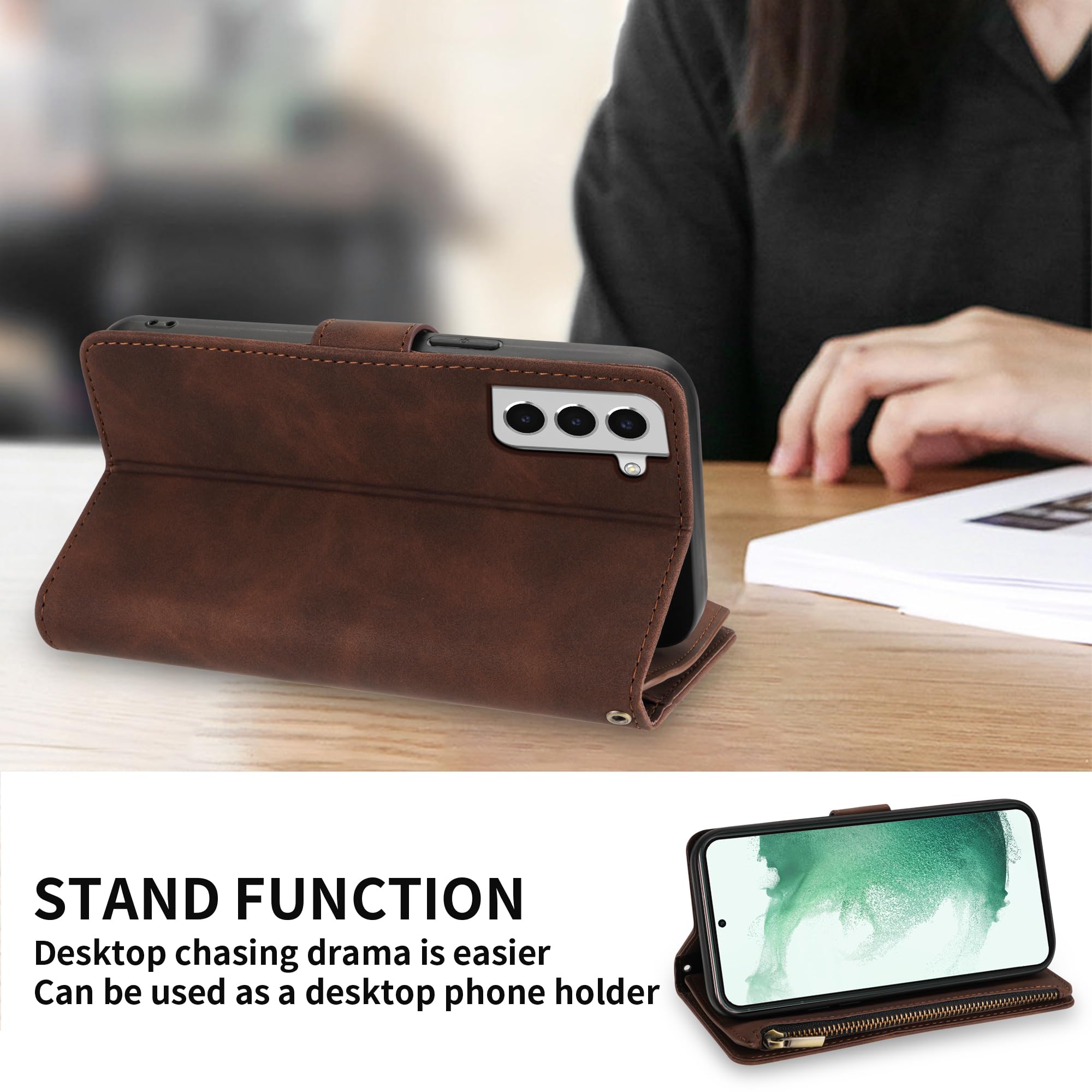 Premium Soft PU Leather Zipper Flip Wallet Case for Samsung Galaxy S22 Plus (6.6 Inch) with Card Slot, Wrist Strap & Kickstand - Coffee | Protective Cover for Daily Use, Travel & Business Meetings