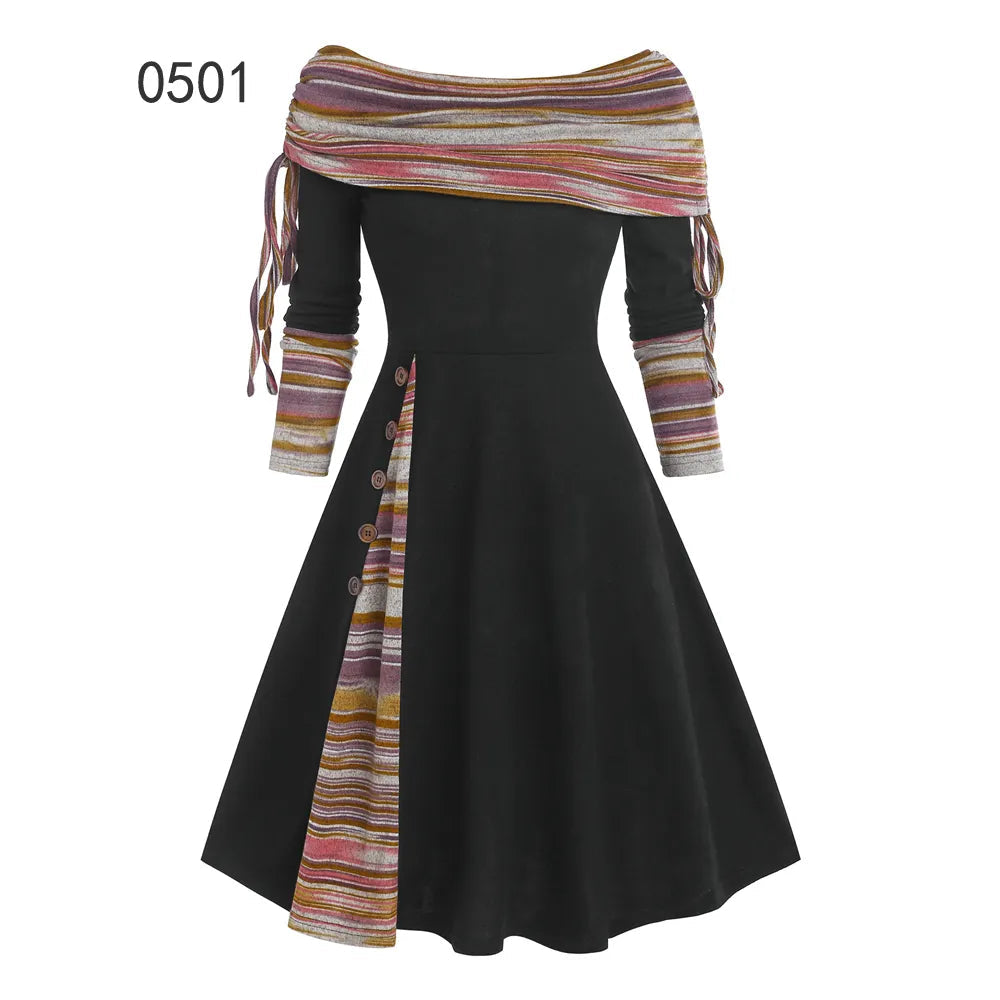 **Women's 2024 Striped Knit Convertible Dress - Off Shoulder, Long Sleeve, Cinched Waist & Flare Hem | Perfect for Date Night, Parties & Casual Outings**