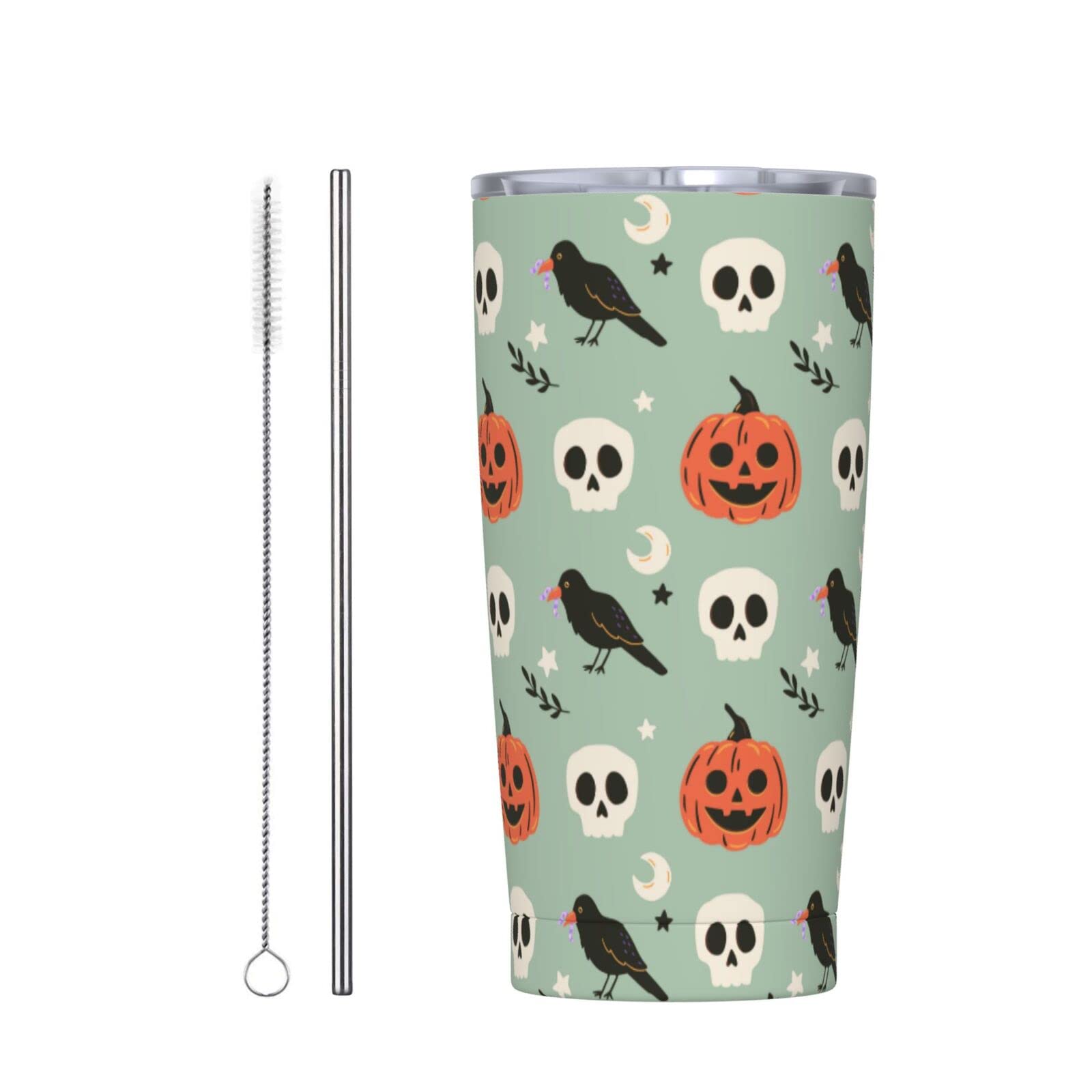 Halloween Raven Skull Pumpkin Tumbler - 20oz Insulated Travel Coffee Mug with Flip Lid | Perfect Gift for Dad, Mom, Friends Birthday | Great for Halloween Parties, Office Use & Outdoor Adventures