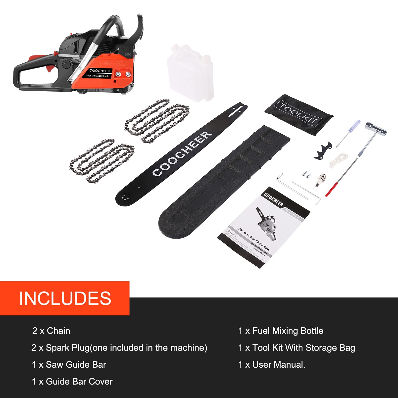 COOCHEER 20 Inch 62cc Gas Chainsaw - 3.5HP 2-Cycle Petrol Chainsaw with 2 Chains for Tree Cutting, Wood Chopping & Firewood Preparation - Perfect for Landscaping, Yard Work & Forestry Maintenance