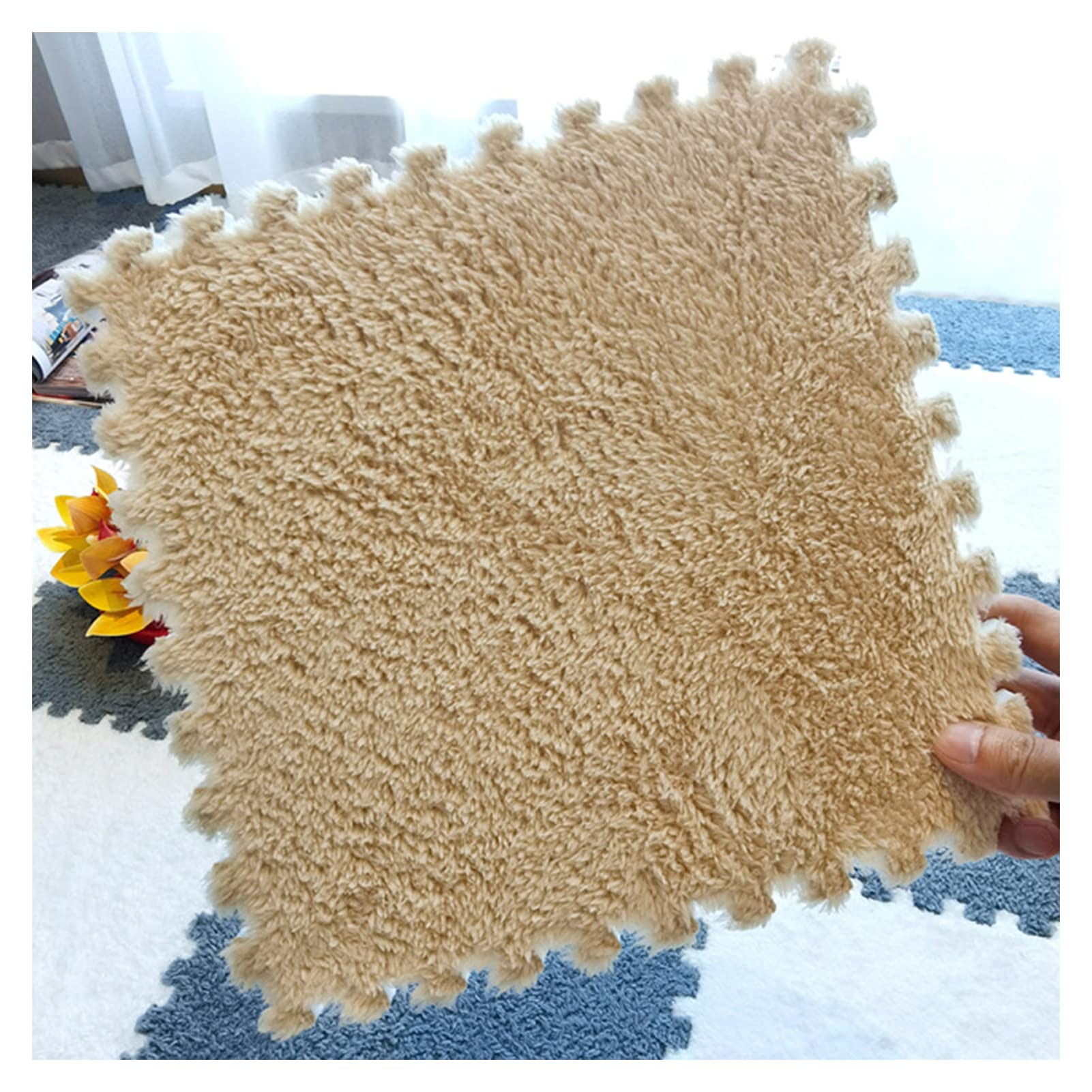 10-Piece Thick Plush Foam Interlocking Floor Mats, Soft Non-Slip Puzzle Playmat for Kids & Toddlers - 24x24 Inch Fluffy Square Foam Tiles with Border, Apricot Color - Perfect for Nursery, Playroom, Bedroom & Home Gym Floor Protection