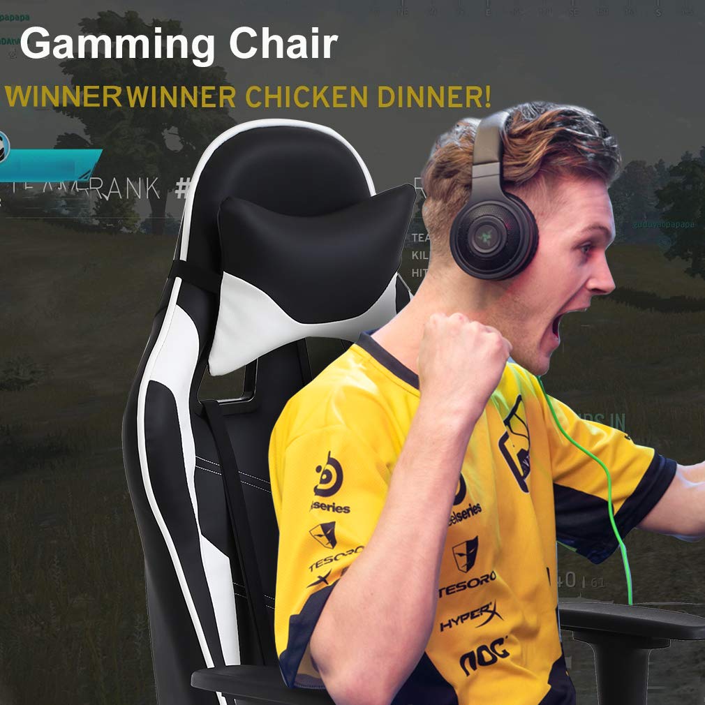 Ergonomic Gaming Chair with Lumbar Support - PU Leather PC & Office Chair, Adjustable Recliner with Massage Function, Swivel Rolling Task Chair for Adults (White) - Perfect for Home Office, Gaming Setup & Workstation Comfort
