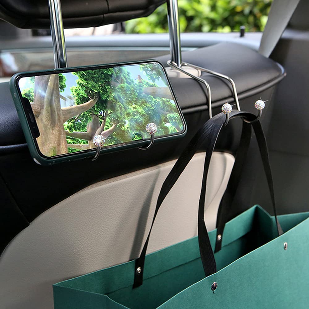 4 Pack Bling Diamond Car Hooks - Universal Headrest Hangers for Purse, Bag & Handbag Organizer | Perfect for Car Seat Storage, Mask Holder & Everyday Essentials Organization