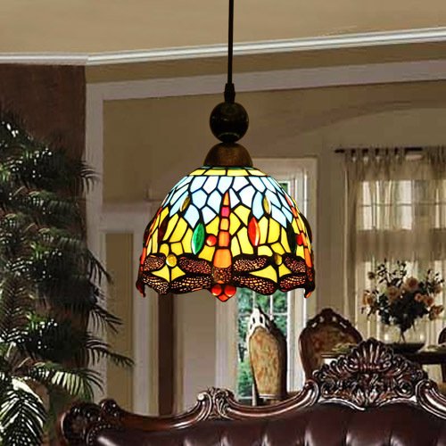 Tiffany Stained Glass Blue Dragonfly Retro Chandelier with 1 Bulb - Vintage Ceiling Light Fixture for Dining Room, Bedroom & Living Room Decor