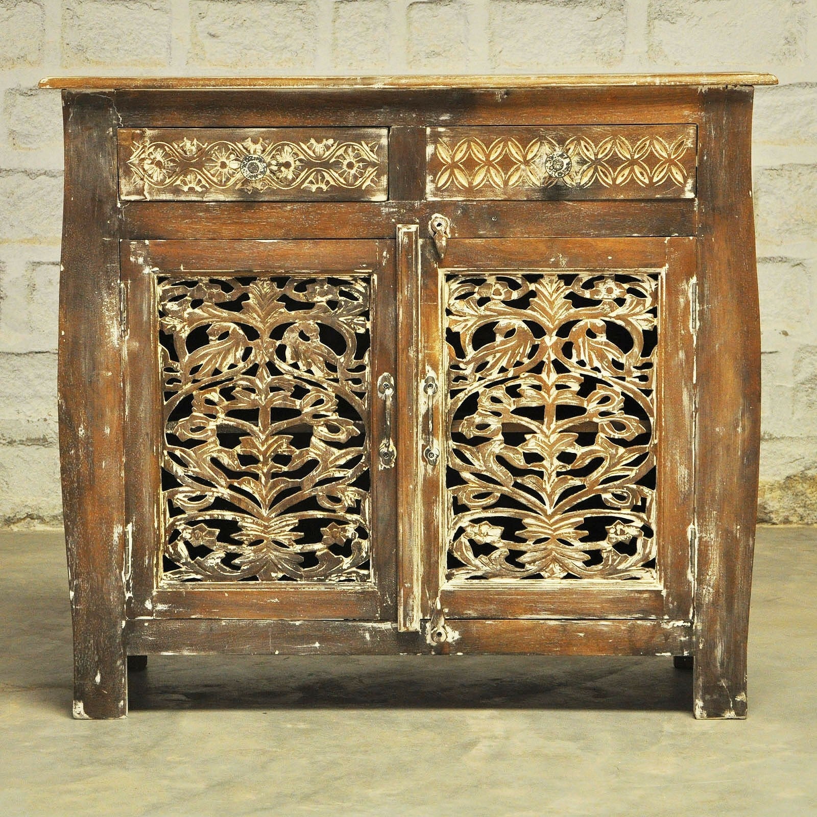 French Colonial Solid Wood Jali Carved Sideboard - Antique Brown Buffet Cabinet for Dining Room, Living Room & Entryway Storage