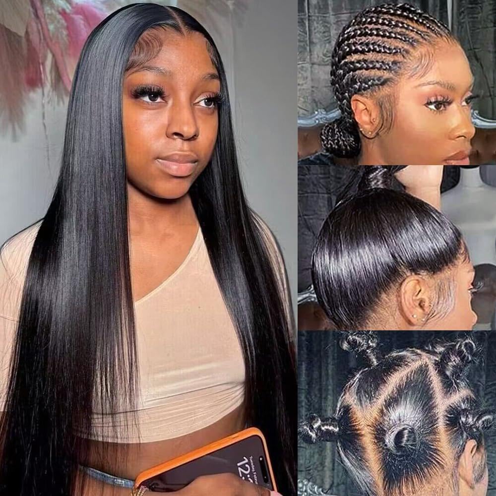 Larhali Full Lace Human Hair Wigs - HD Transparent Lace Handmade Brazilian Virgin Hair Wig with Pre-Plucked Hairline & Bleached Knots - 180% Density Natural Black Straight Hair (18 Inch) - Perfect for Daily Wear, Cosplay & Special Occasions