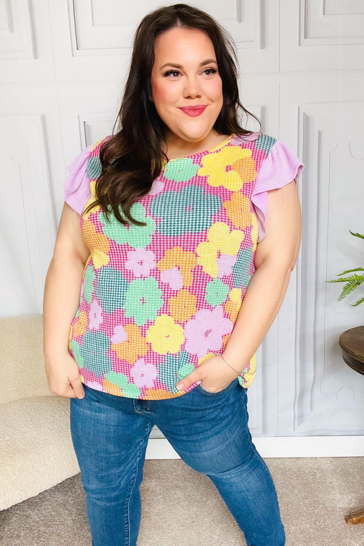 Playful Fuchsia Floral Textured Ruffle Sleeve Top for Women - Trendy Blouse for Casual Outings, Dates & Summer Parties