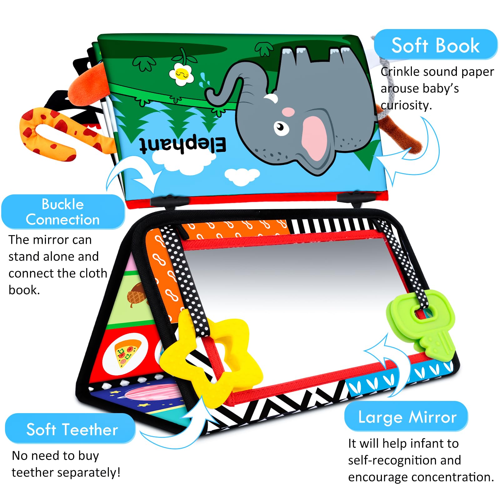 Montessori Baby Mirror Toy for Tummy Time - High Contrast Sensory Toy with Crinkle Book & Teether for Brain Development - Newborn Infant Toys 0-12 Months - Perfect Baby Shower Gift for Boys & Girls - Great for Playtime, Learning & Early Childhood Development