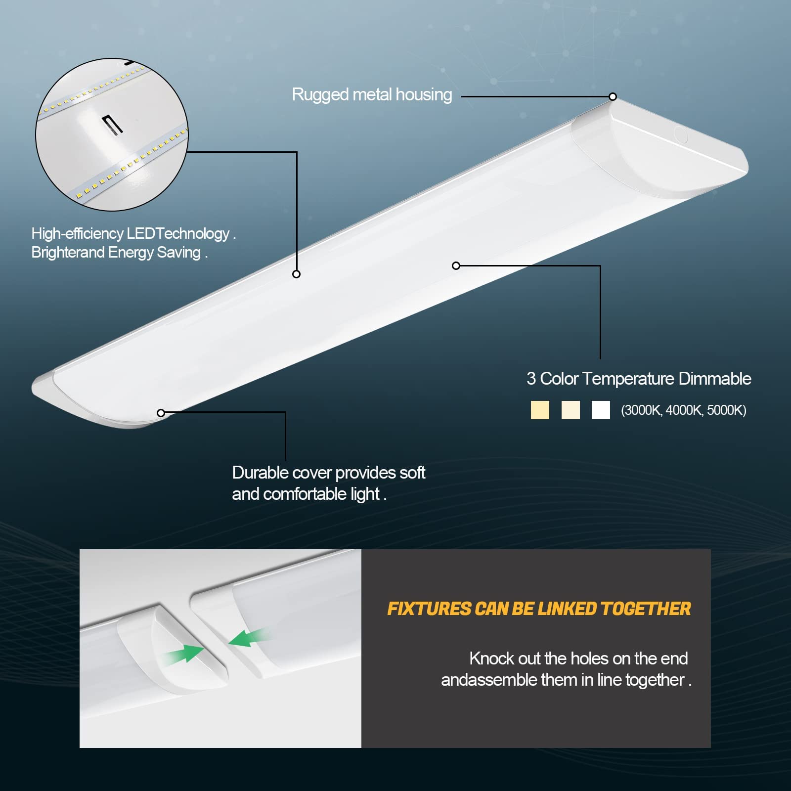ANTLUX 4FT LED Wraparound Flush Mount Ceiling Light, 50W 5500LM Dimmable with 3 Color Temperatures, 48 Inch Energy Efficient LED Fixture for Kitchen, Laundry Room, Office, Garage and Basement Lighting - White