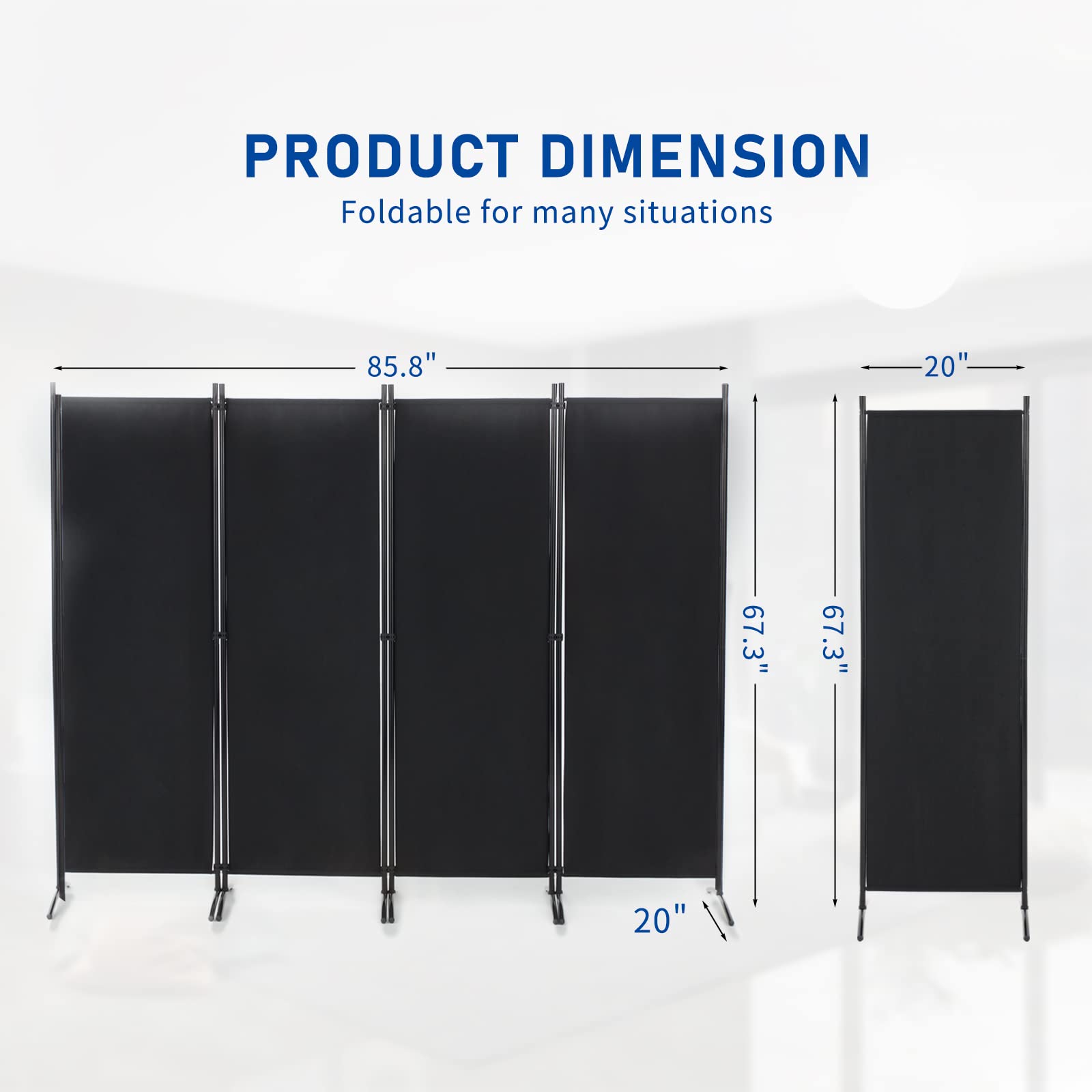 4 Panel Folding Room Divider Privacy Screen - 5.6 FT Freestanding Partition for Office, Bedroom & Study - Portable Space Separator for Home & Office Use - Black