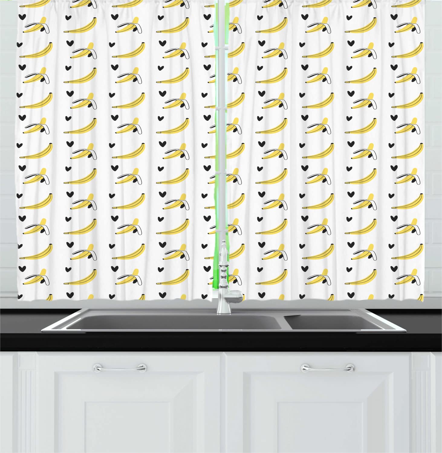 Ambesonne Banana Print Kitchen Curtains - Hand Drawn Doodle Style Peeled Banana & Heart Design, Fruity Decor with Rod Pocket, 55