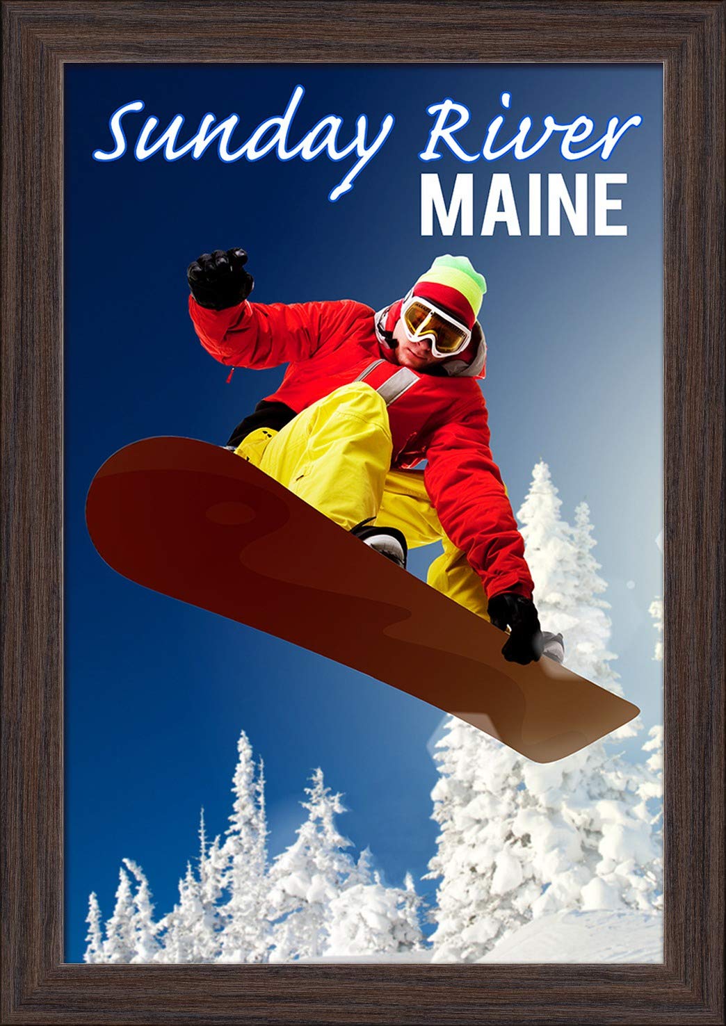 Sunday River Maine Snowboarder - 12x18 Giclee Fine Art Print with Recycled Wood Frame in Espresso Brown - Perfect for Ski Lodge, Winter Cabin & Mountain Home Decor