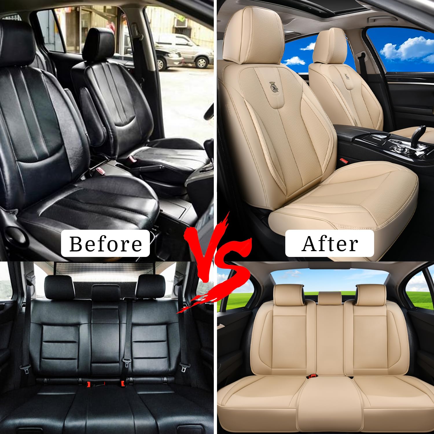 Premium Waterproof Leather Front Seat Covers (2-Piece Set) - Luxury Leatherette Car Seat Protectors for Sedan, SUV & Pickup Trucks - Beige Color - Perfect for Daily Commute, Road Trips & Pet Protection