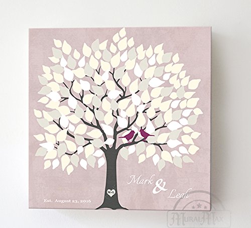 Personalized Wedding Tree Guest Book - Unique Bridal Shower Gift for 100-150 Signatures | Pink Canvas Wall Art Decor 24x24 | Alternative Guest Book Idea for Wedding Reception & Anniversary Gifts