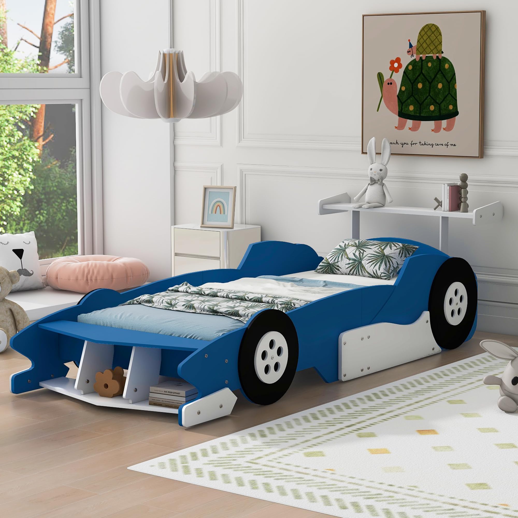 Bellemave Twin Size Wooden Race Car Bed for Kids - Blue Car-Shaped Platform Bed with Storage Shelves & Wheels - Fun Themed Bed for Boys & Girls - Perfect for Kids' Bedroom, Playroom or Nursery Decor