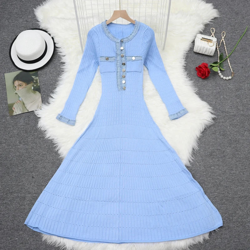 2024 Autumn Women's Patchwork Knit Dress - Black White Blue Single Breasted Elegant French Style Long Sleeve Dress for Fall Festival & Holiday Parties | Perfect for Office, Date Night & Special Occasions