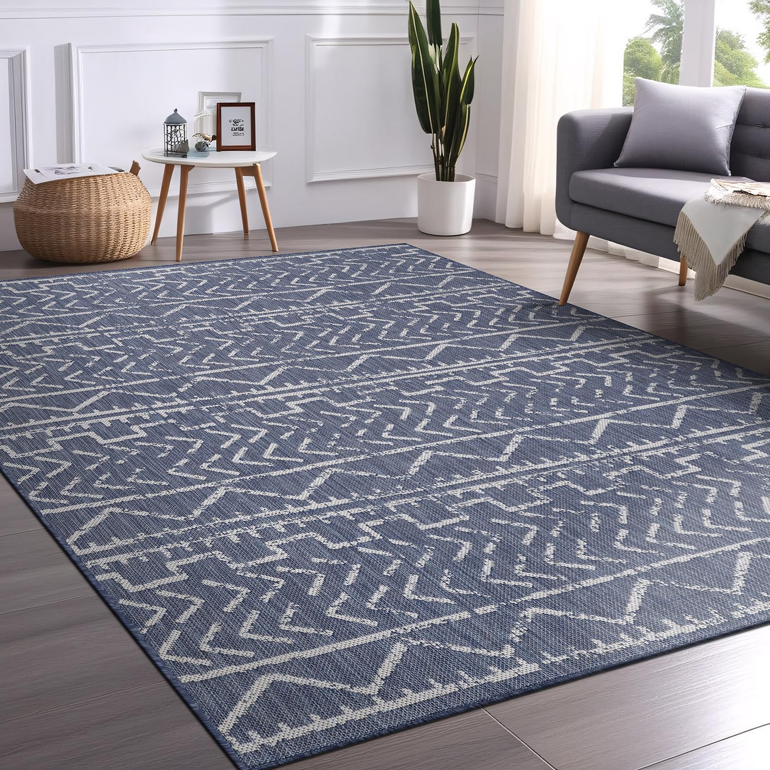 Beverly Rug Waikiki 8x10 Indoor Outdoor Washable Carpet - Water Resistant Blue & White Area Rug for Patio, Deck, Porch, Trellis | Perfect for Backyard, Poolside & Beach House Decor