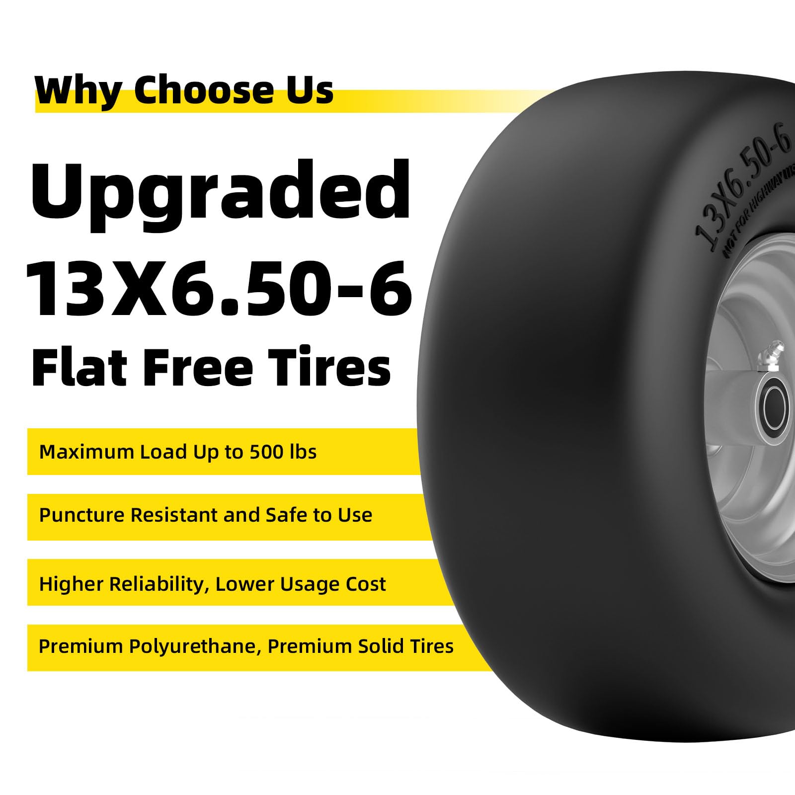 13x6.50-6 Flat Free Lawn Mower Tires & Wheels Set (2-Pack) - Zero Turn Mower Front Tires for Residential & Commercial Use - Fits 3/4
