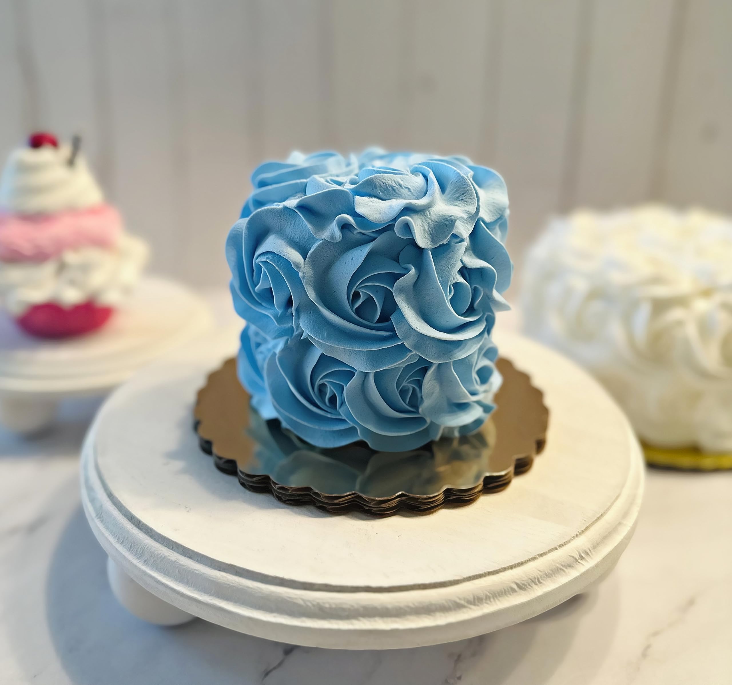 Artificial Mini Blue Rosette Cake - Fake Cake Decor for Display, Home & Kitchen - Faux Dessert Display on Cake Plate | Perfect for Wedding Centerpieces, Party Decor & Bakery Showcase