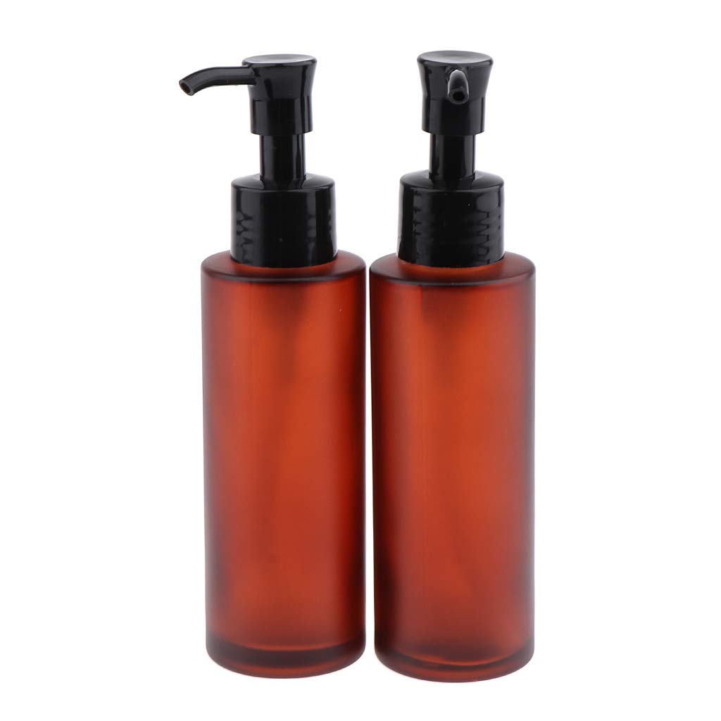 Freneci 2 Pack 100ml Amber Glass Cosmetic Pump Bottles with Long Tip Dispenser - Essential Oil, Lotion & Serum Containers for Travel, Bathroom & Salon Use