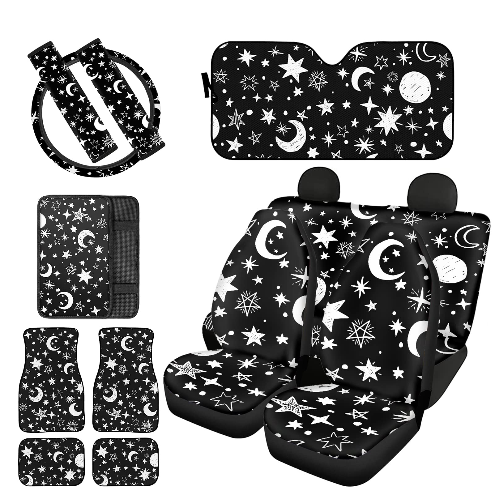 Frestree 13-Piece Black Moon Star Print Car Seat Covers Set - Universal Fit for Women & Men | Includes Steering Wheel Cover, Seatbelt Pads, Floor Mats, Sunshade & Console Armrest Cover | Stylish Auto Accessories for Daily Commute & Road Trips