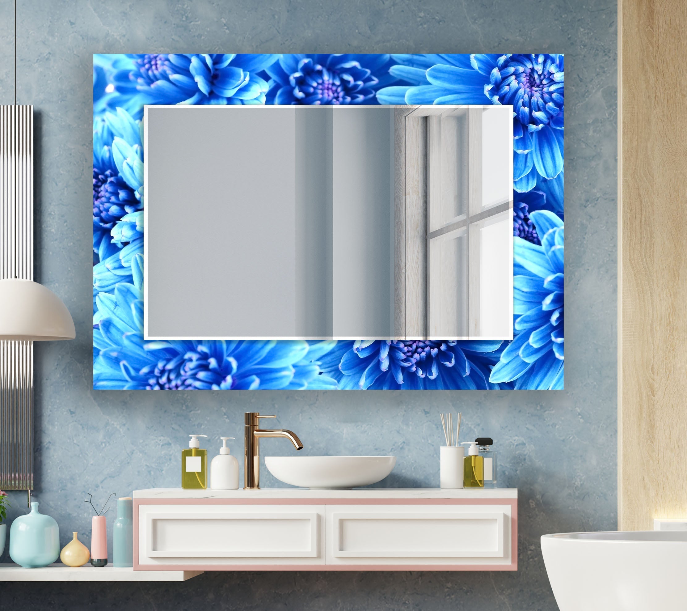 Large Blue Floral Wall Mirror - Elegant Home Decor for Living Room, Bedroom, or Entryway