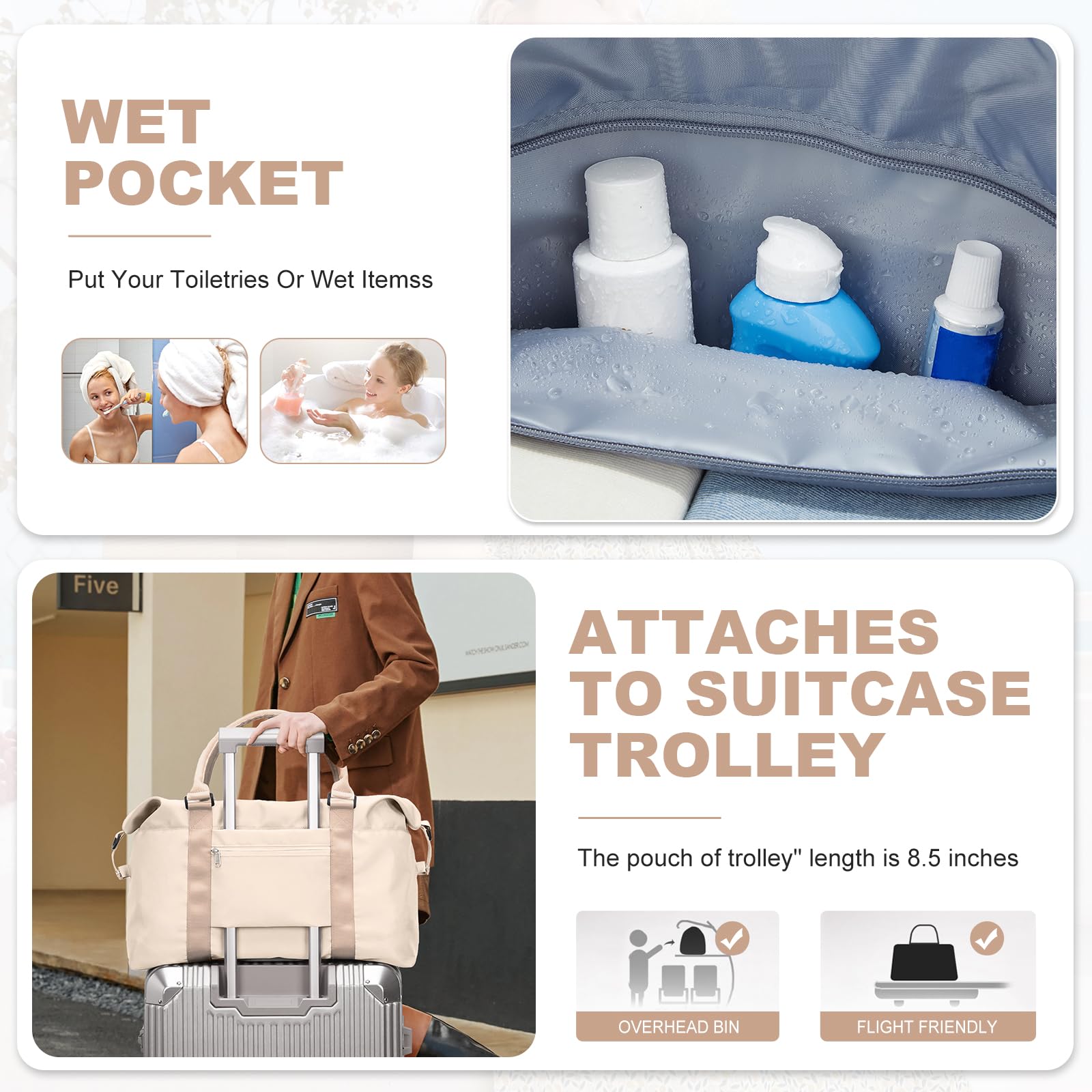 Women's Extra Large Travel Duffel Bag with Toiletry & Wet Pocket - Waterproof Weekender Overnight Gym Bag for Carry-On, Beige | Perfect for Business Trips, Gym Workouts & Weekend Getaways