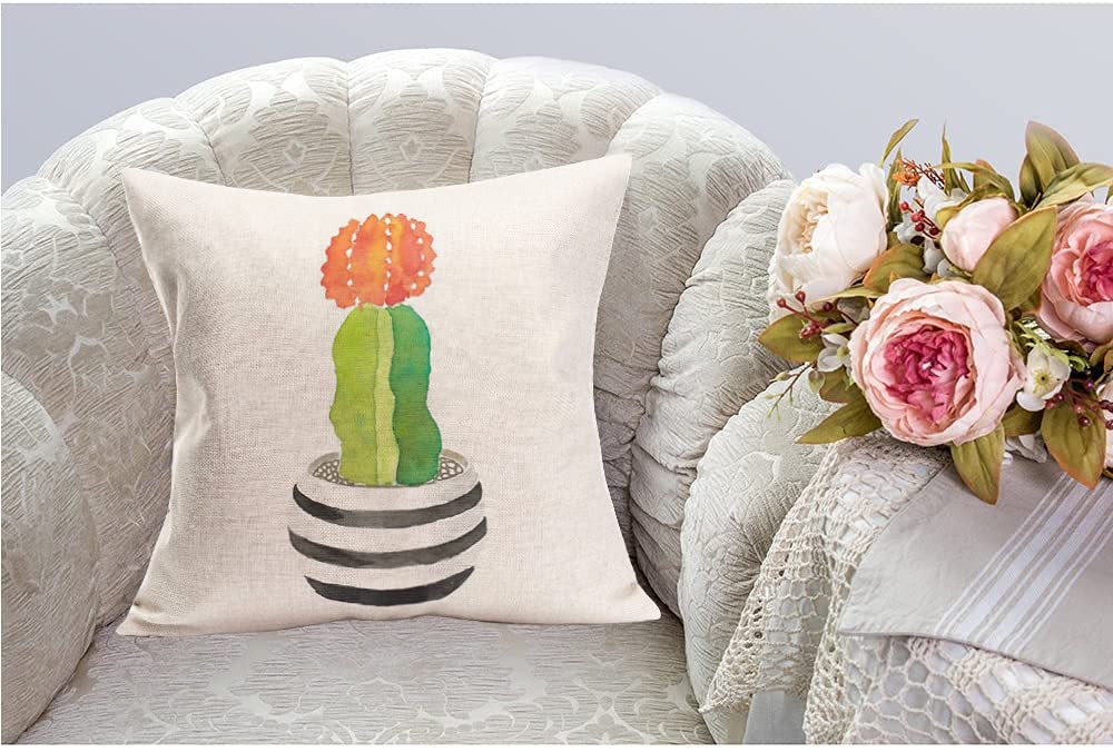 Xihomeli 18x18 Inch Green Cactus Throw Pillow Cover - Hand-Painted Cartoon Succulent Design with Orange Flower, Cotton Linen Decorative Cushion Case (Stripe Pot) - Perfect for Living Room Sofa, Bedroom Decor and Boho Home Accents