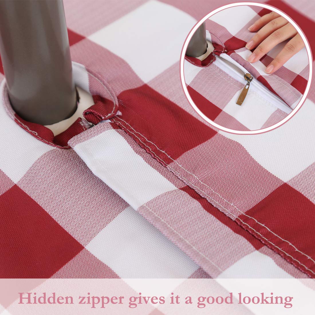 52” Burgundy Red Check Outdoor Round Tablecloth with Umbrella Hole Zipper - Waterproof Picnic Table Cover for Spring Summer Patio, Garden, and Backyard Dining