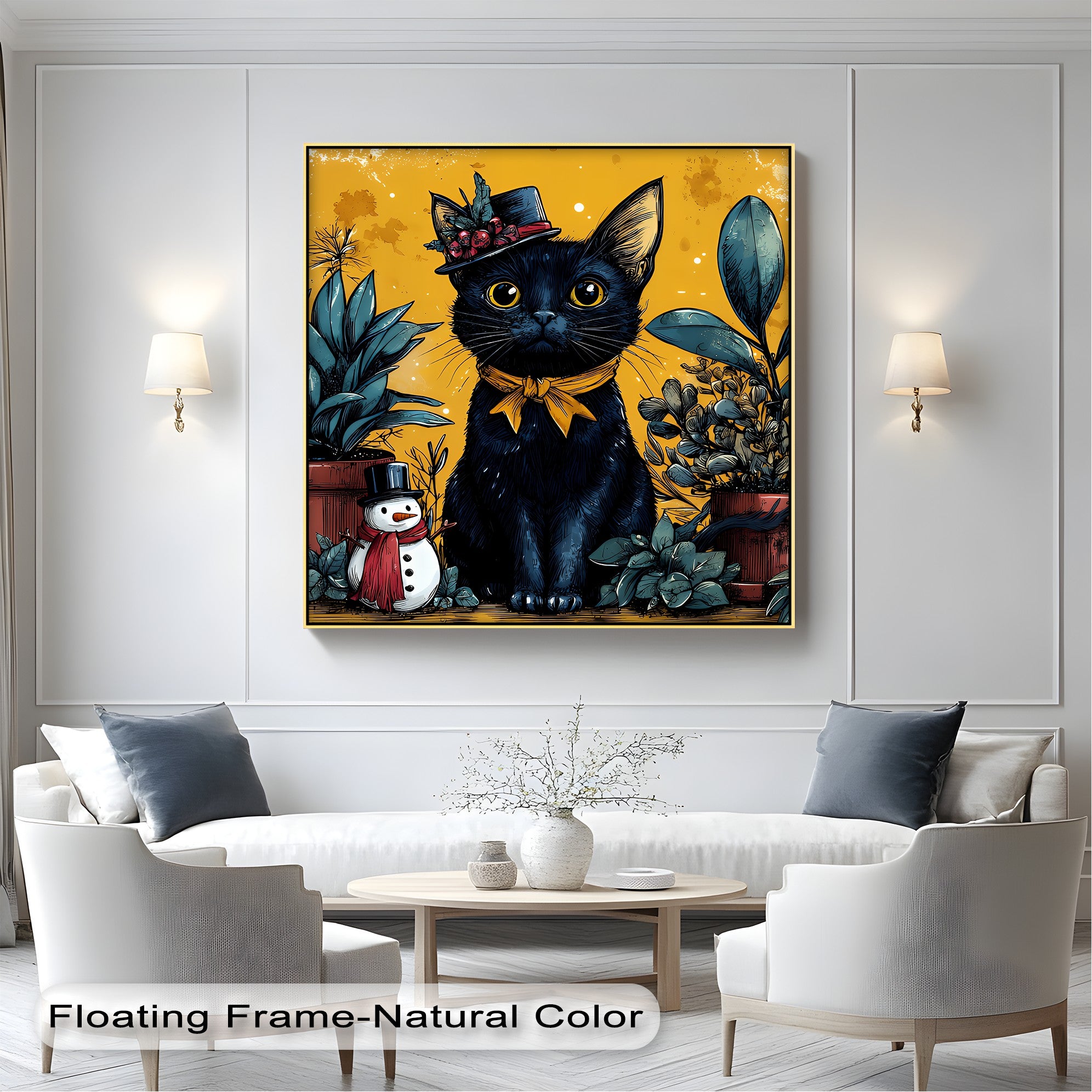 Black Cat with Holiday Hat and Yellow Ribbon - Festive Cat Canvas Print Wall Art for Christmas Home Decor, Living Room, Bedroom & Office