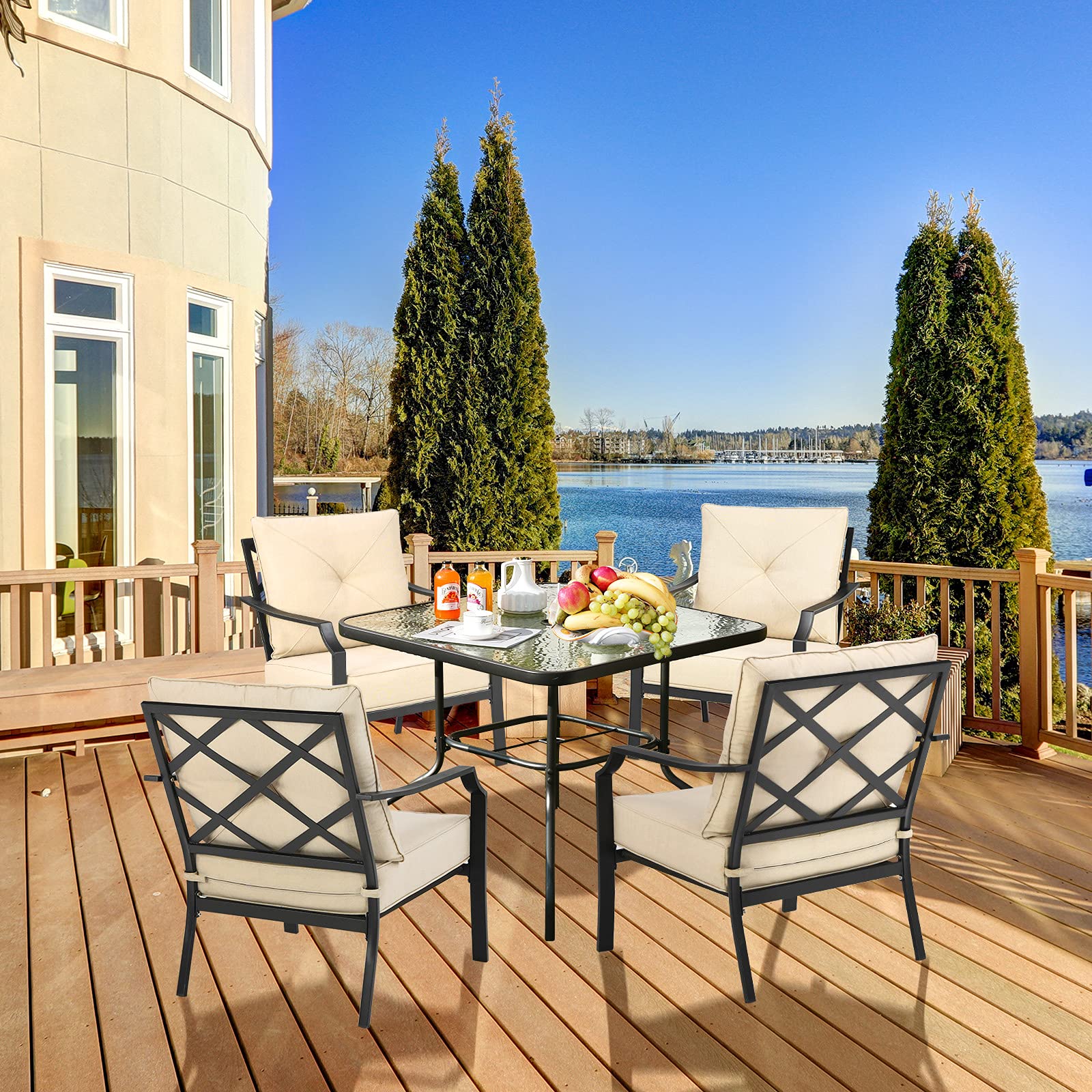 Tangkula 2-Piece Outdoor Dining Chairs Set - Steel Frame Patio Bistro Armchairs with Thick Cushions for Garden, Porch, Backyard & Balcony | Weather-Resistant Beige Lounge Chairs for Relaxing & Entertaining