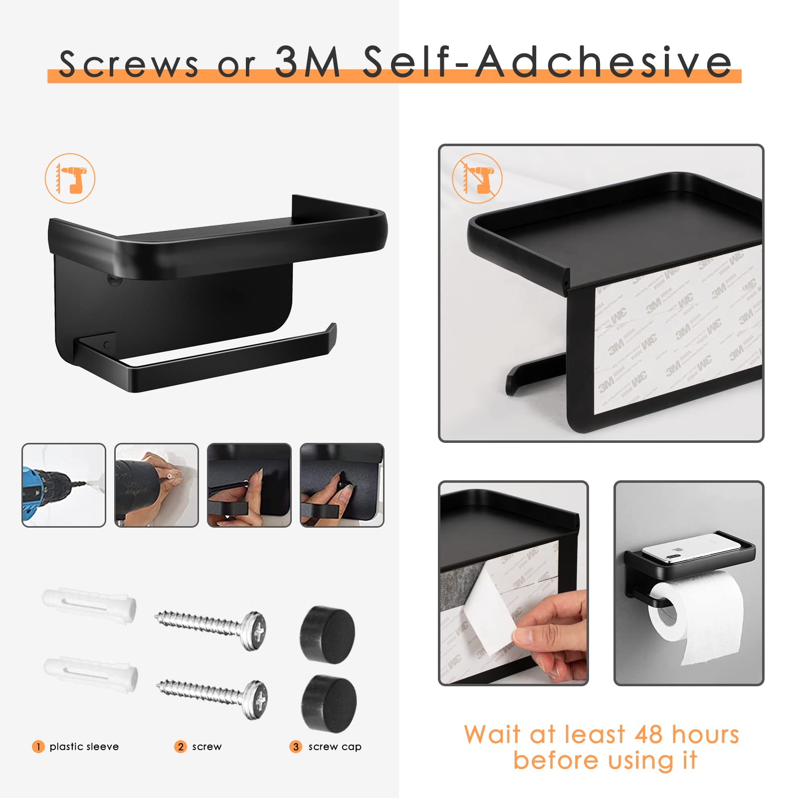 SVOPY Adhesive Toilet Paper Holder with Shelf - Stainless Steel 304, Black Wall-Mounted Bathroom Tissue Roll Holder with Screws for Secure Installation | Perfect for Small Bathrooms, Powder Rooms & RVs