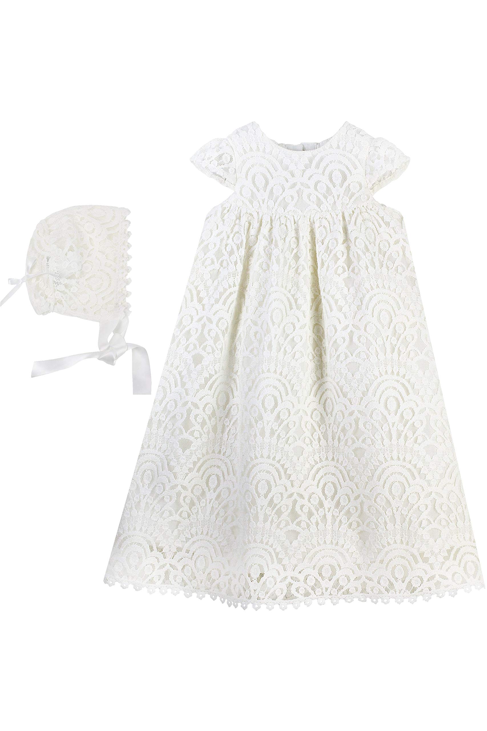 Elegant Baby Girl Lace Christening Gown with Matching Bonnet - Perfect for Baptism, Christening & Special Occasions