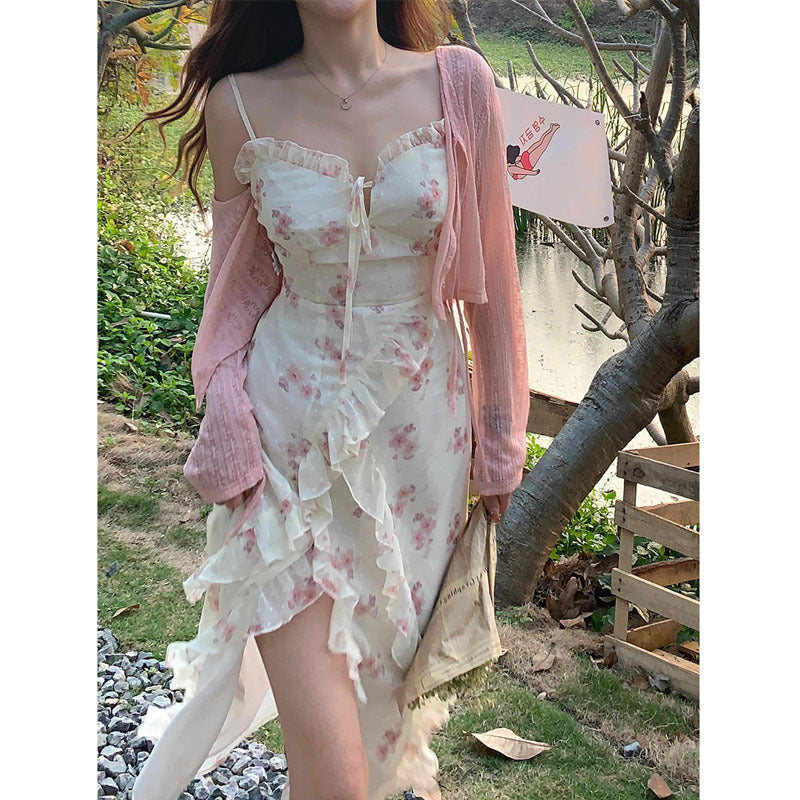 Floral Spaghetti Strap Summer Dress with High Slit - Mid Length Flowy Skirt for Women | Beach Wedding, Vacation Outfit, Date Night Dress 827