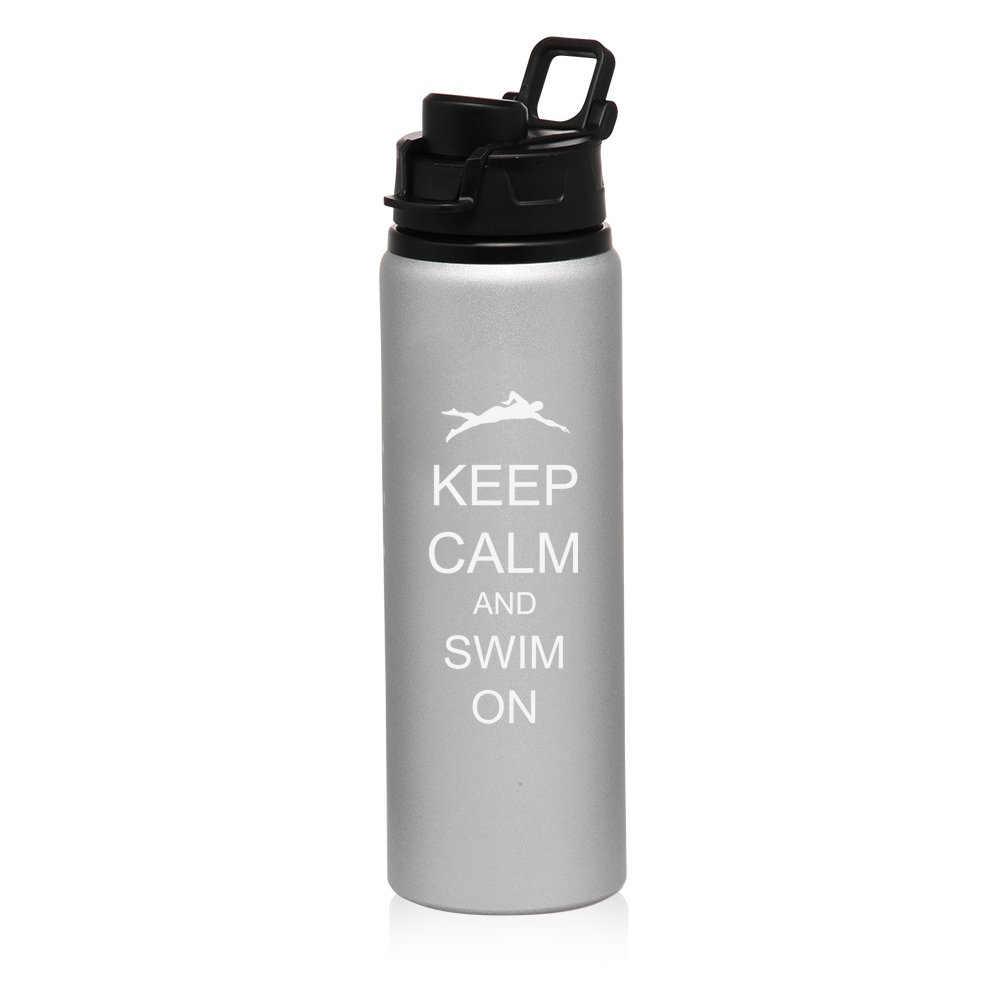 25 oz Aluminum Sports Water Bottle - Leak Proof & Insulated for Travel, Gym, Hiking | Keep Calm and Swim On Motivational Design | Perfect for Swimmers, Athletes & Outdoor Activities