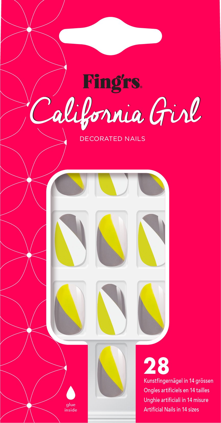 Fing'rs California Girl Press-On Nails - Neon White & Grey Artificial Nails Kit - 28 Pack Fake Nails with Glue - Perfect for Parties, Halloween, Cosplay & Daily Wear